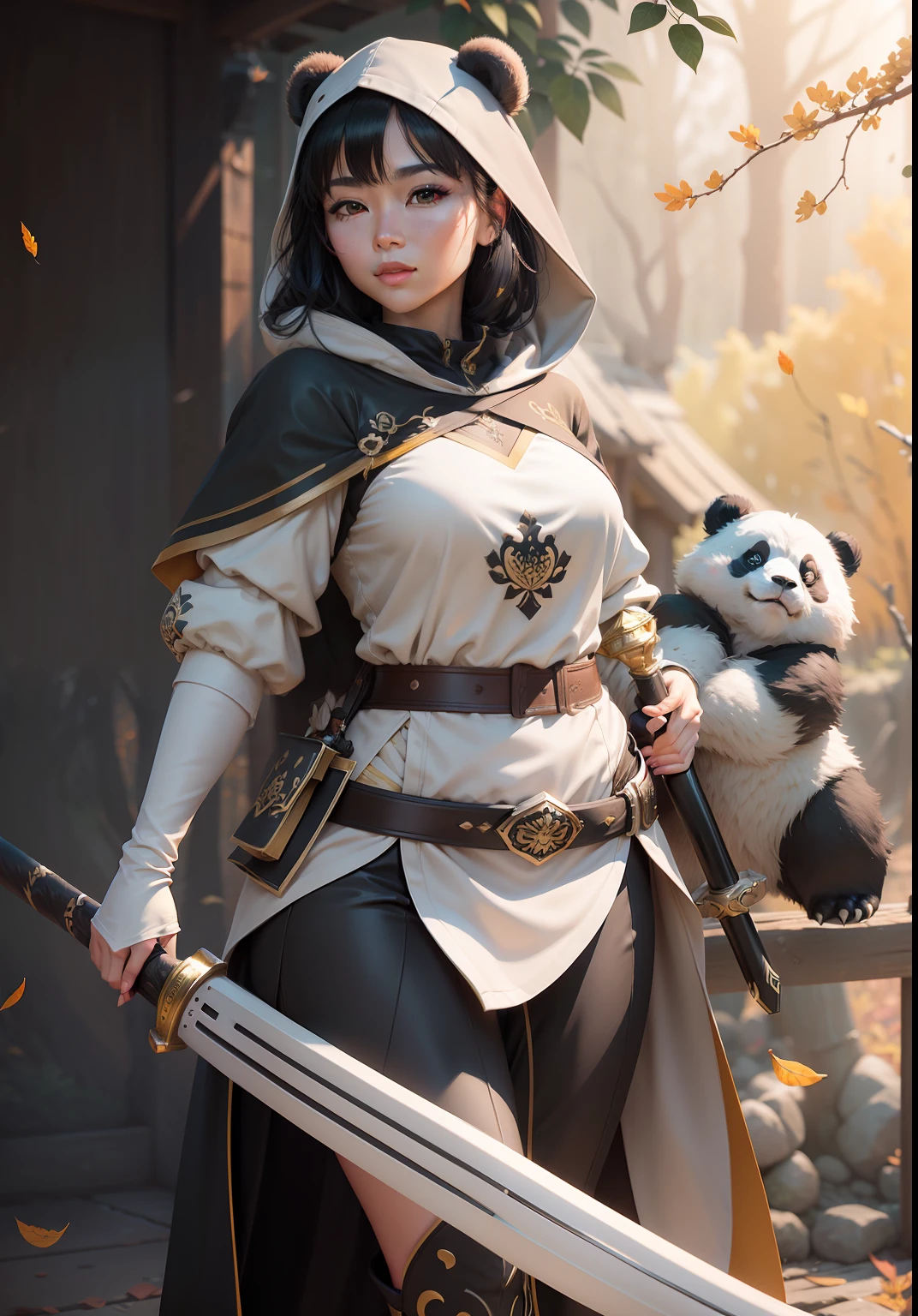beautiful woman facing the camera black hair asian eyes, wearing a black and white panda hood holding a gleaming sword silver and gold Masterpiece, wit a cute panda bear in the background, best quality, high quality, highly detailed CG unity 8k wallpaper beautiful landscape oil painting, award winning photography, bokeh, depth of field, HDR, bloom, chromatic aberration, photorealism, highly detailed, trending on artstation, on CGsociety Trending, intricate, high detail, dramatic, midjourney art and masterpiece, best quality, high quality, extremely detailed CG unity 8k wallpaper lush summer landscape with rolling green hills stretching towards the horizon, dotted with pink, yellow wildflowers, and purples, volumetric lighting and masterpiece, best quality, high quality, extremely detailed CG unity 8k wallpapers serene autumn landscape surrounded by trees in shades of golden yellow, fiery red and burnt orange. The crisp air is laced with the sweet aroma of fallen leaves and wood smoke. --auto