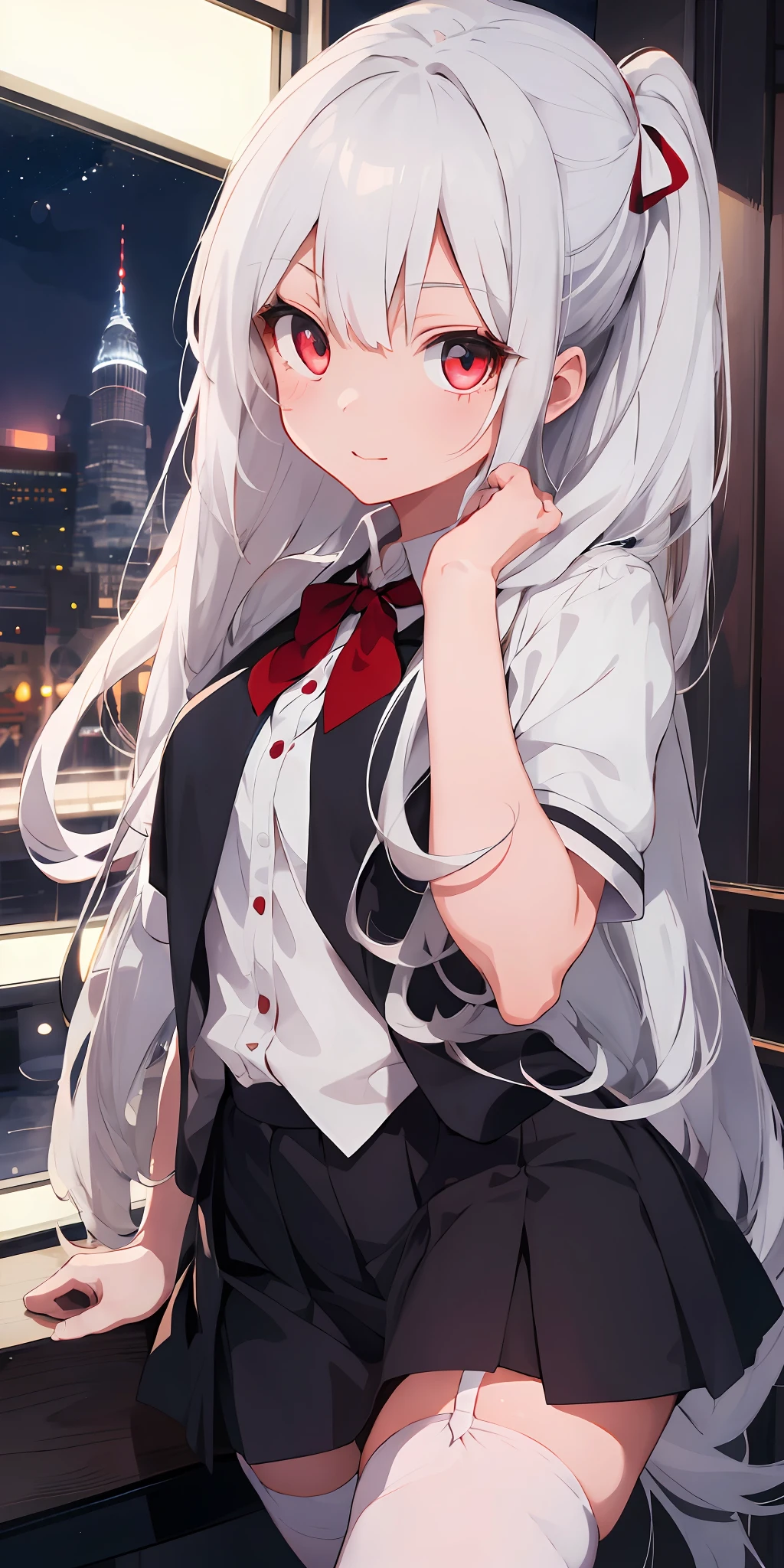 1girl, beautiful detailed eyes, long white hair, light red eyes, school uniform, high black stocking, lustrous skin, city, night, high contrast, ((masterpiece, best quality))