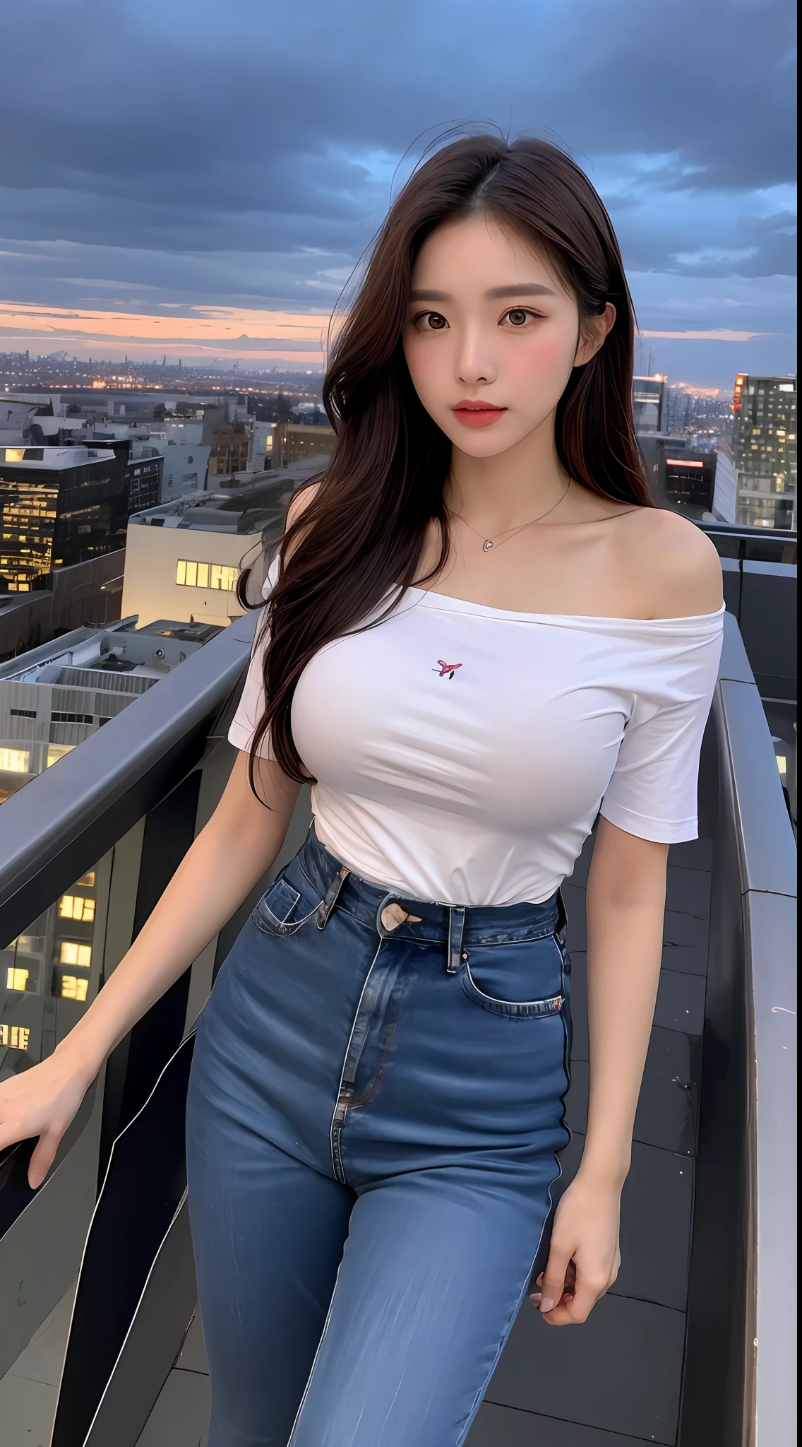 ((Midnight, Best quality, 8k, Masterpiece :1.3)), Whole body, Long legs, Sharp focus :1.2, A pretty woman with perfect figure :1.4, Slender abs :1.1, ((Dark brown hair, Big breasts :1.2)), (White tight tshirt, Jean bib, Standing:1.2), ((Night city view, Rooftop:1.3)), Highly detailed face and skin texture, Detailed eyes, Double eyelid, sunset, darken, backlit, off shoulder