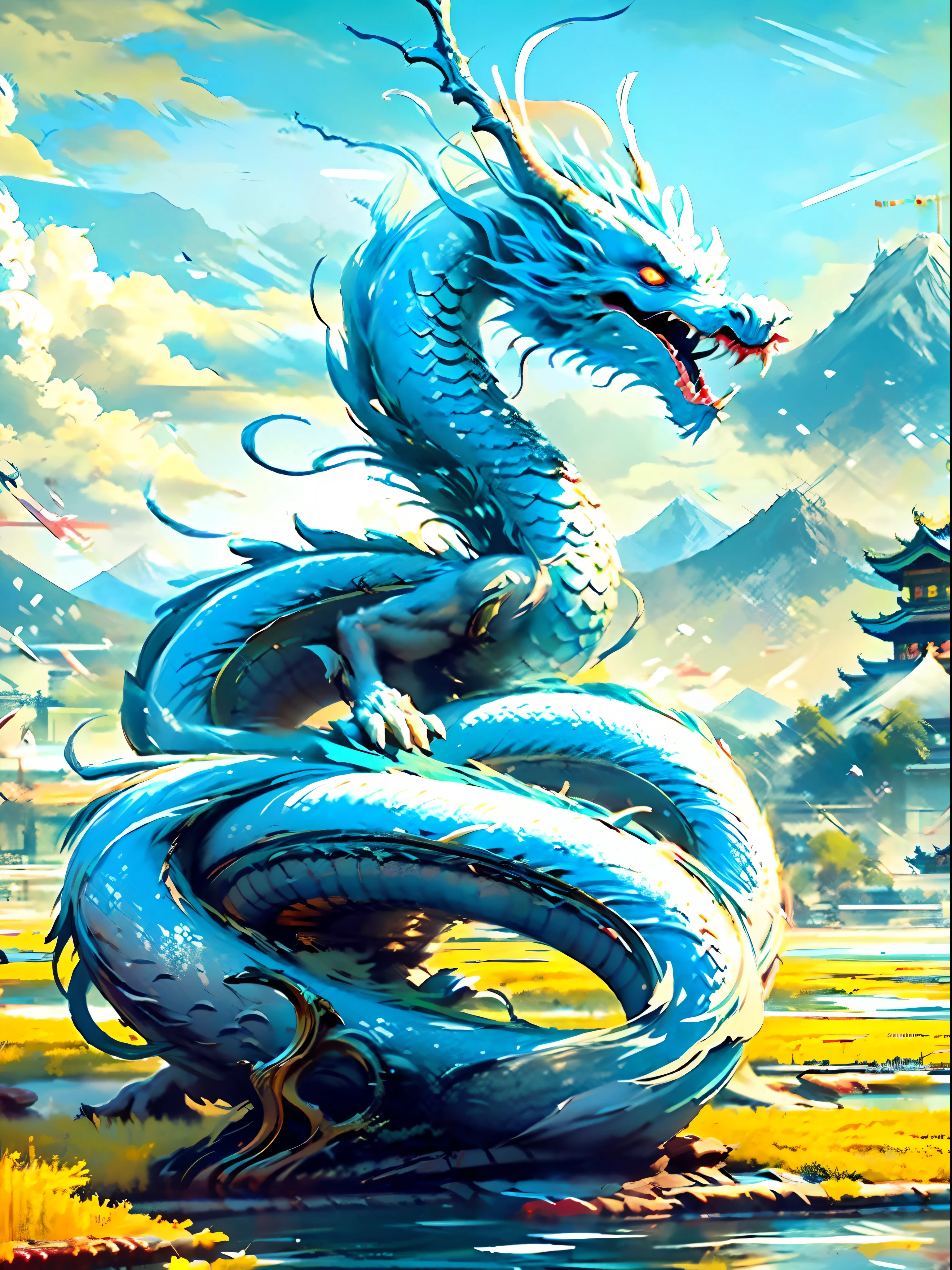Best quality,masterpiece,ultra high res,nu no humans, (long:1.2),eastern dragon, east asian architecture, sky, architecture, outdoors, cloud, day, mountain, open mouth, blue sky, teeth, scales, sharp teeth, horns, glowing, fangs, tree, glowing eyes, pagoda, scenery