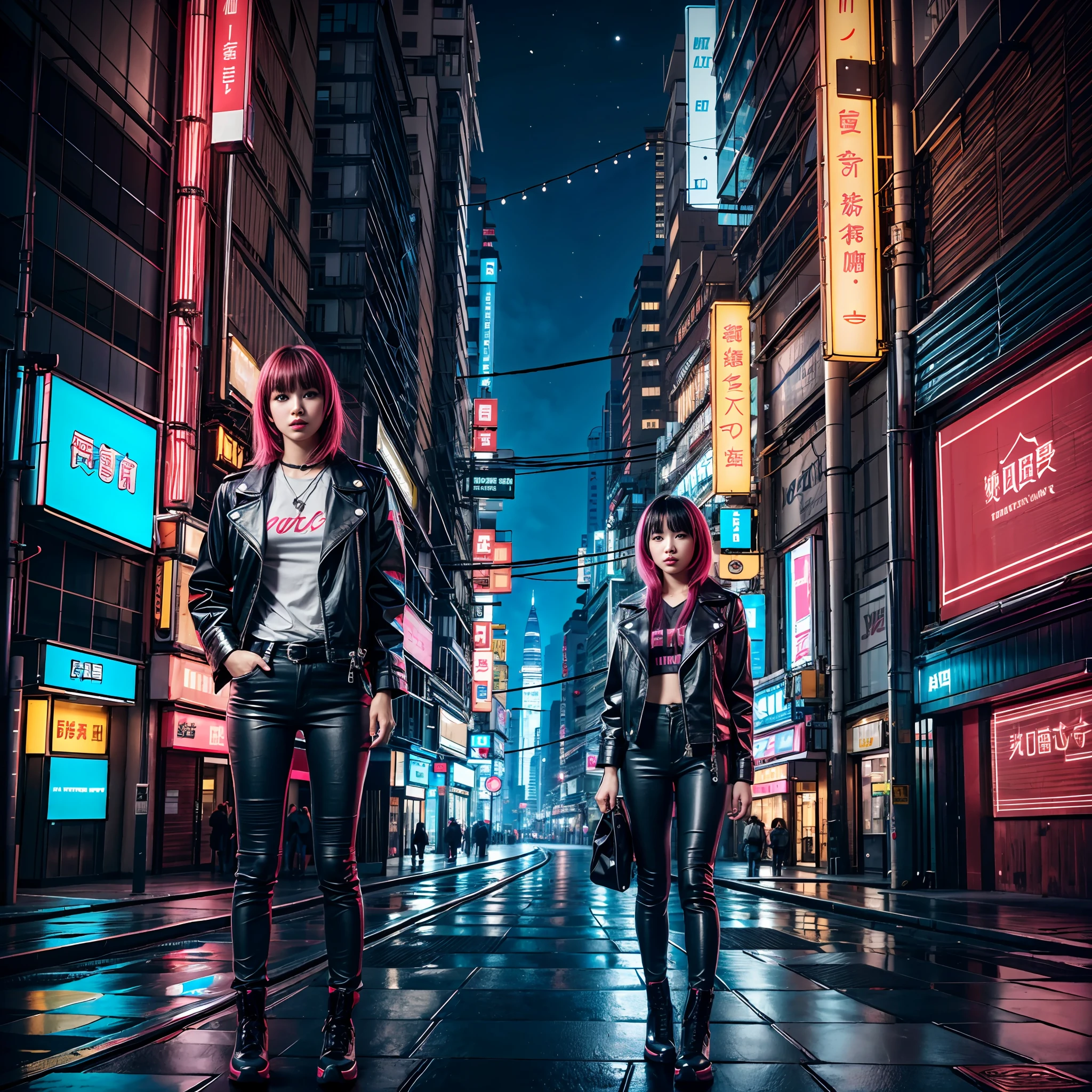 , A girl
, neonlight
, neon hongkong_City
, Neon hair
, neon eyes
, Black leather jacket
, CyberpunkAI,