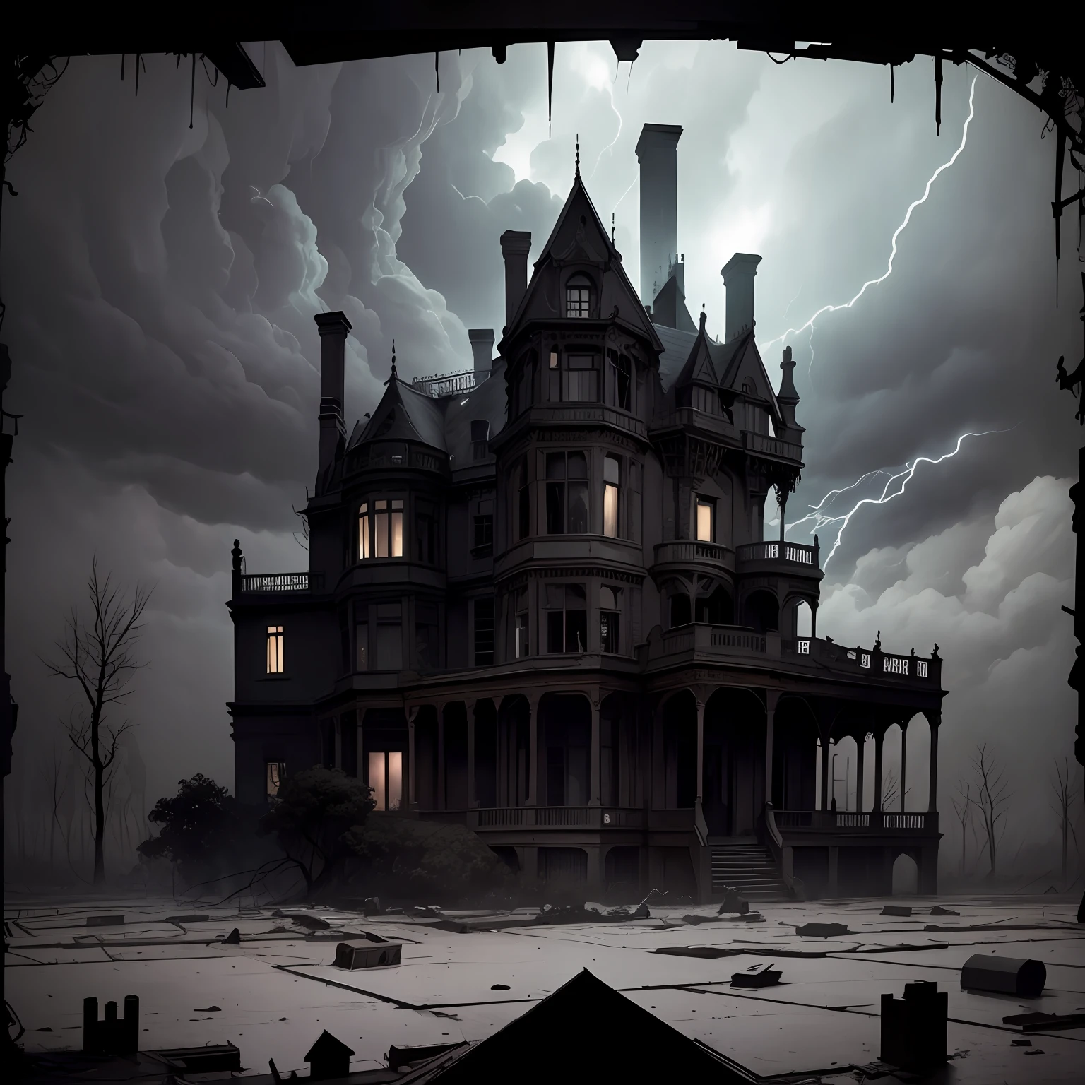 A decrepit Victorian mansion engulfed in a storm, with lightning striking the roof and broken windows revealing eerie silhouettes inside. Reference artist: Edward Gorey, known for his macabre and intricate illustrations. --auto