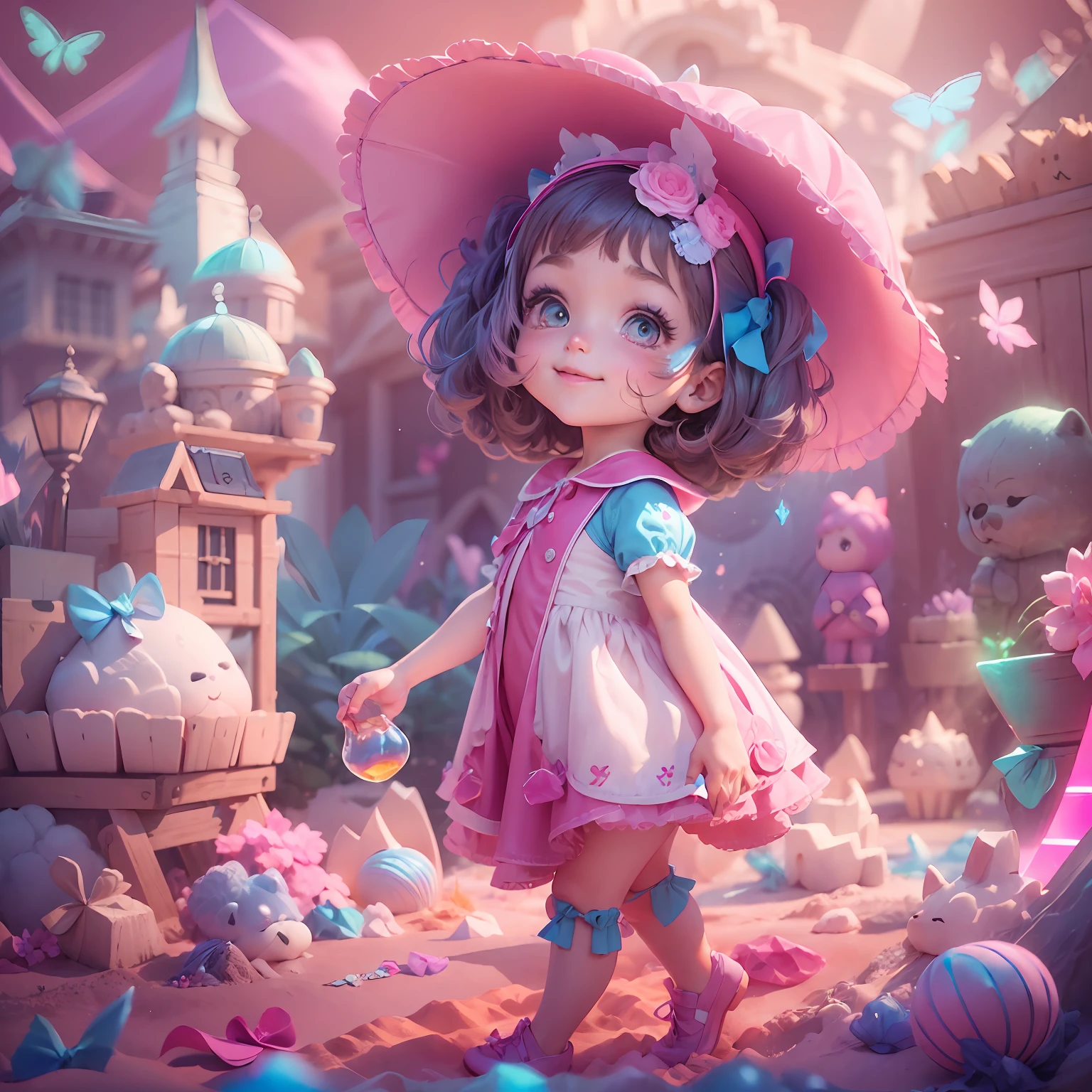 (sandbox:1.4),in a panoramic view,Solo, full bodyesbian,Cute little girl, Wearing delicate pink leather shoes,Wear a pink and blue gradient dress, A blue magic hat, Delicate magic headdress,ssmile,Rococo style,Material de vidro,crystal material,extremely detaile, Cinematic lighting effects,4K,tmasterpiece,offcial art