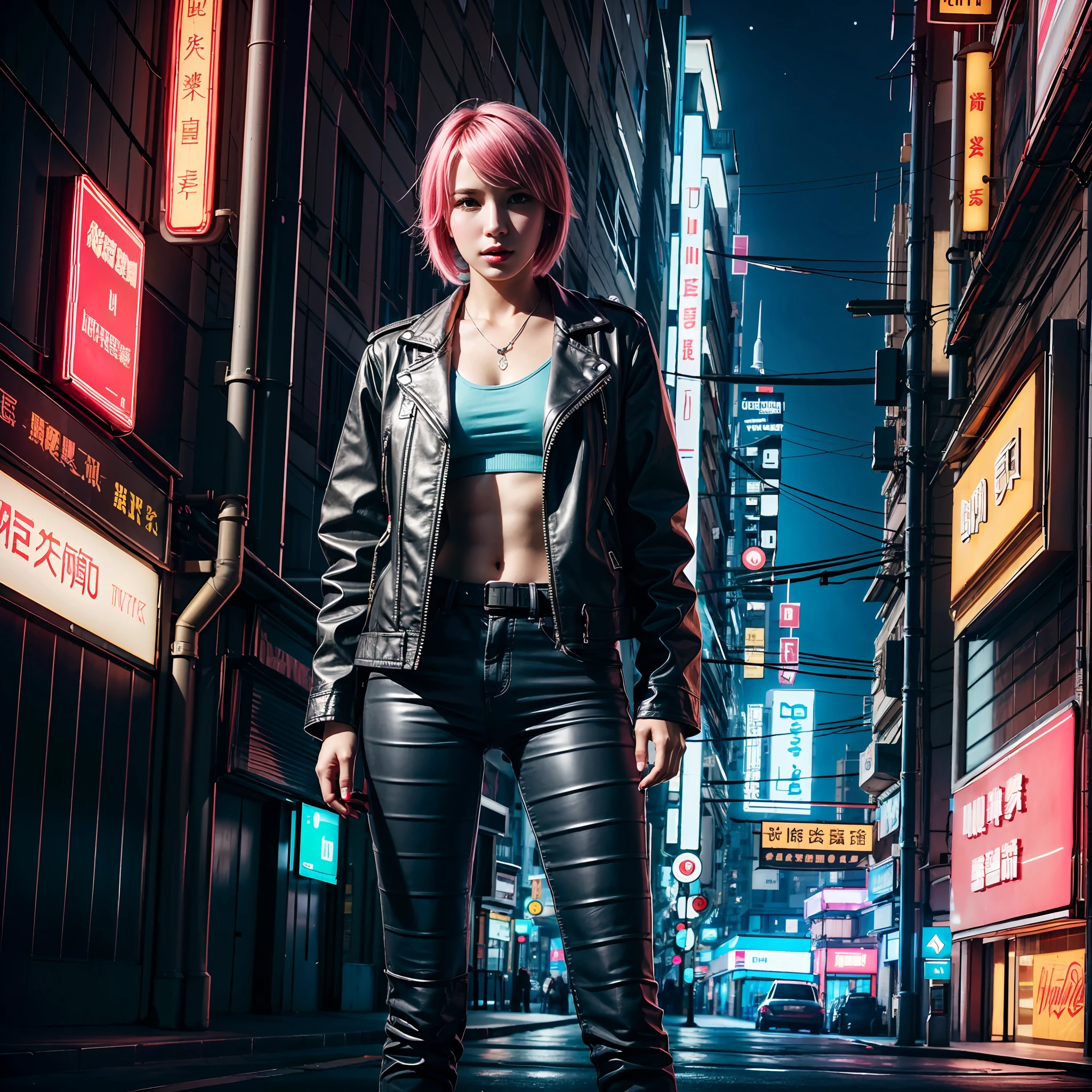 , A girl
, neonlight
, neon hongkong_City
, Neon hair
, neon eyes
, Black leather jacket
, CyberpunkAI,