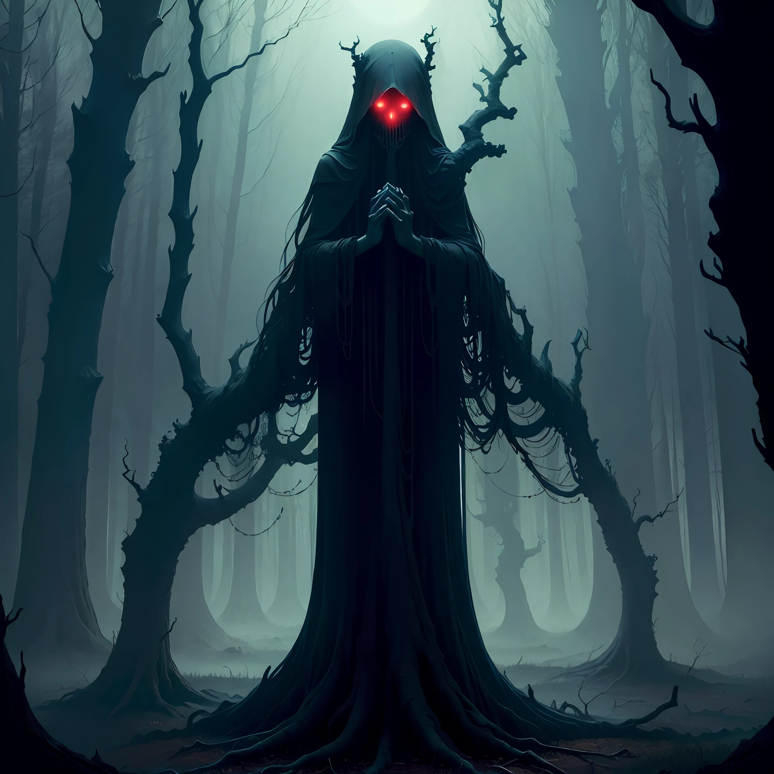 A haunting forest at dusk, where gnarled trees reach out like skeletal hands and glowing eyes peer out from the darkness. Reference artist: Zdzislaw Beksinski, famous for his surreal and nightmarish landscapes. --auto