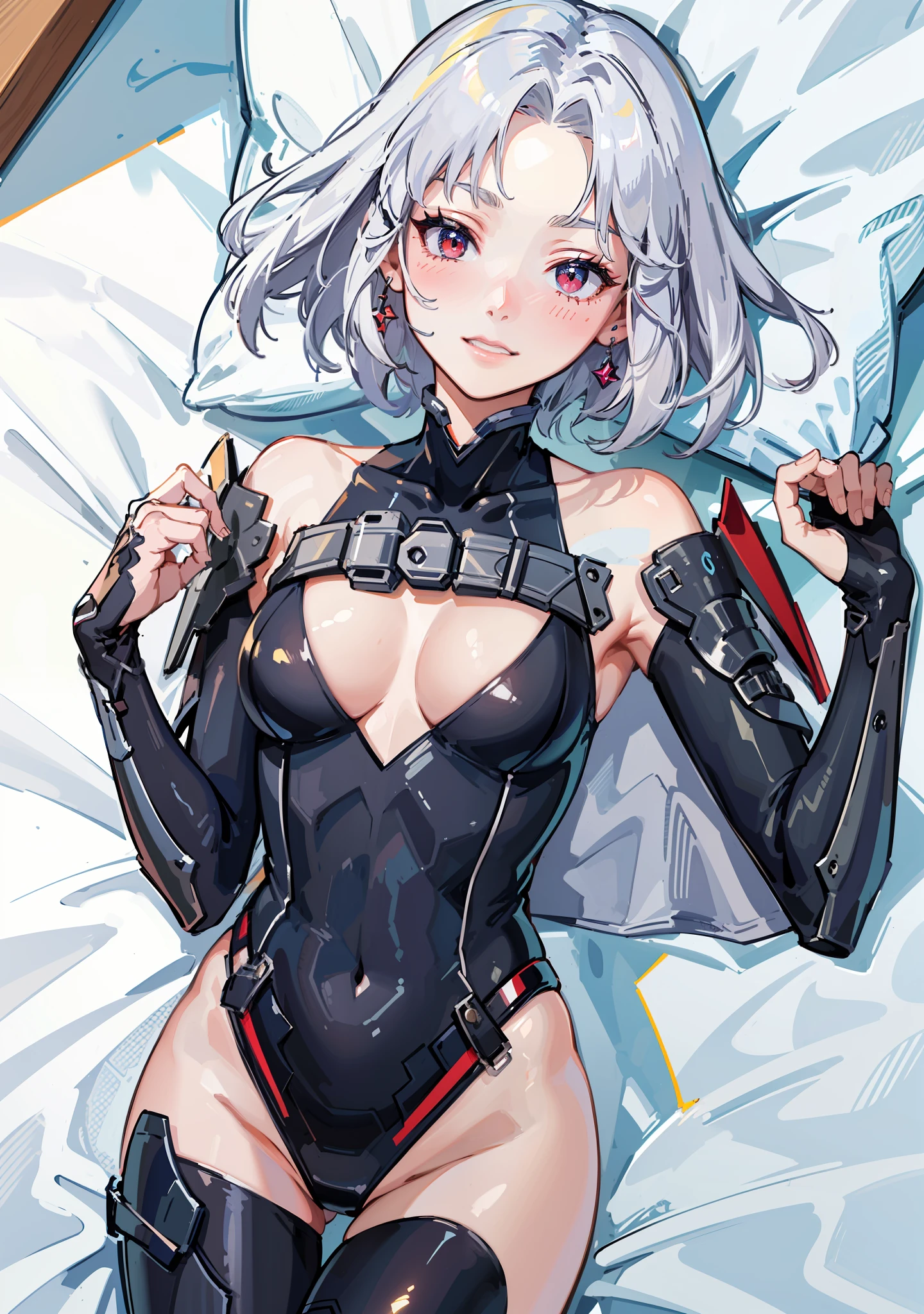 ((((masterpiece, best quality, high resolution)))), 1girl, white hair, red eyes, short wavy hair, average breasts, blush, light smile, glow, thighs, bare shoulders, collarbone, narrow waist, cleavage, (beautiful detailed face, beautiful detailed eyes), bedroom, night time, lying on bed, arms up, (from above view), hands behind head, OrigFullArm, full armed, cape, mechanical armor, highleg leotard, Origleotard, thighhighs,