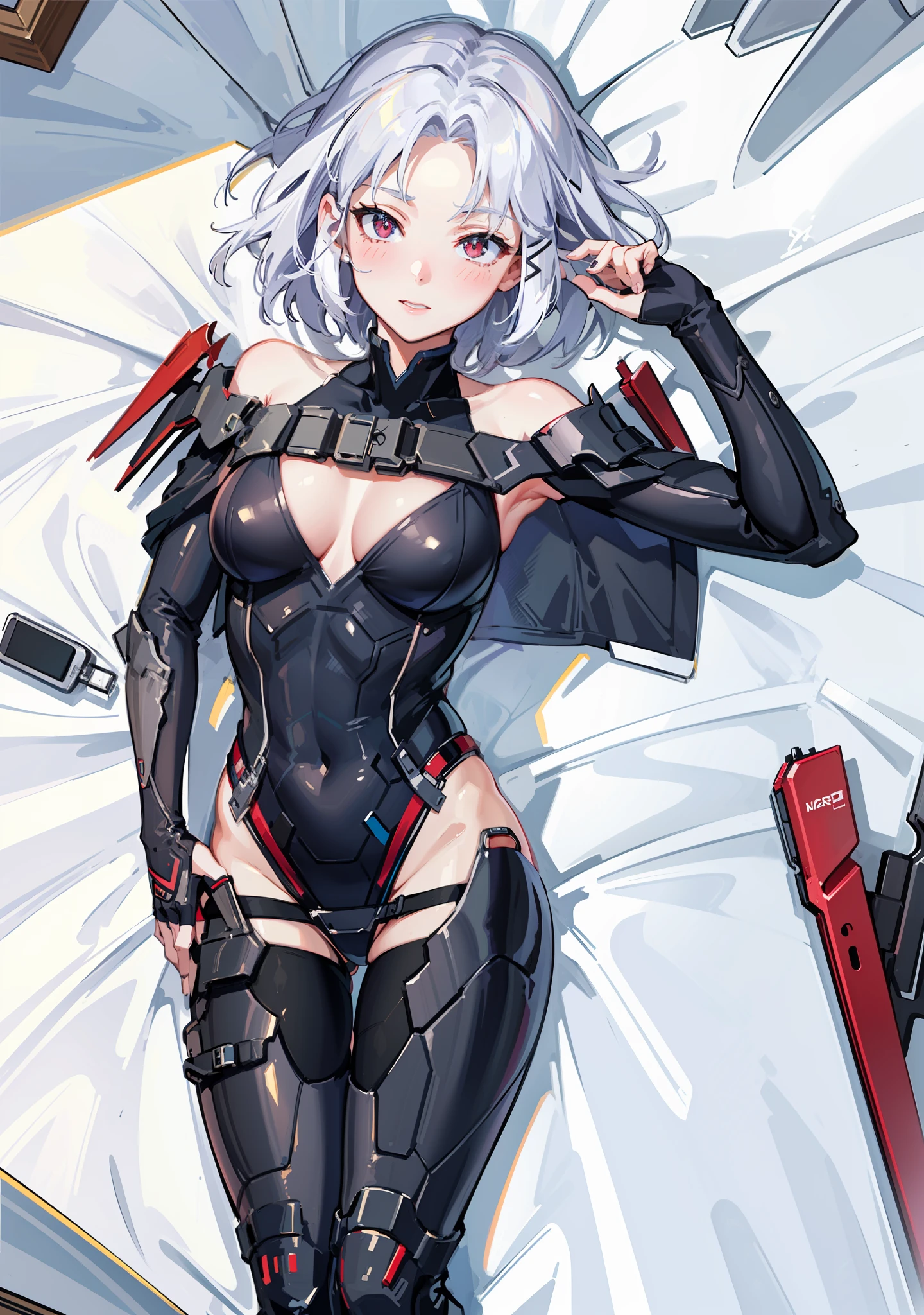 ((((masterpiece, best quality, high resolution)))), 1girl, white hair, red eyes, short wavy hair, average breasts, blush, light smile, glow, thighs, bare shoulders, collarbone, narrow waist, cleavage, (beautiful detailed face, beautiful detailed eyes), bedroom, night time, lying on bed, arms up, (from above view), hands behind head, OrigFullArm, full armed, cape, mechanical armor, highleg leotard, Origleotard, thighhighs,