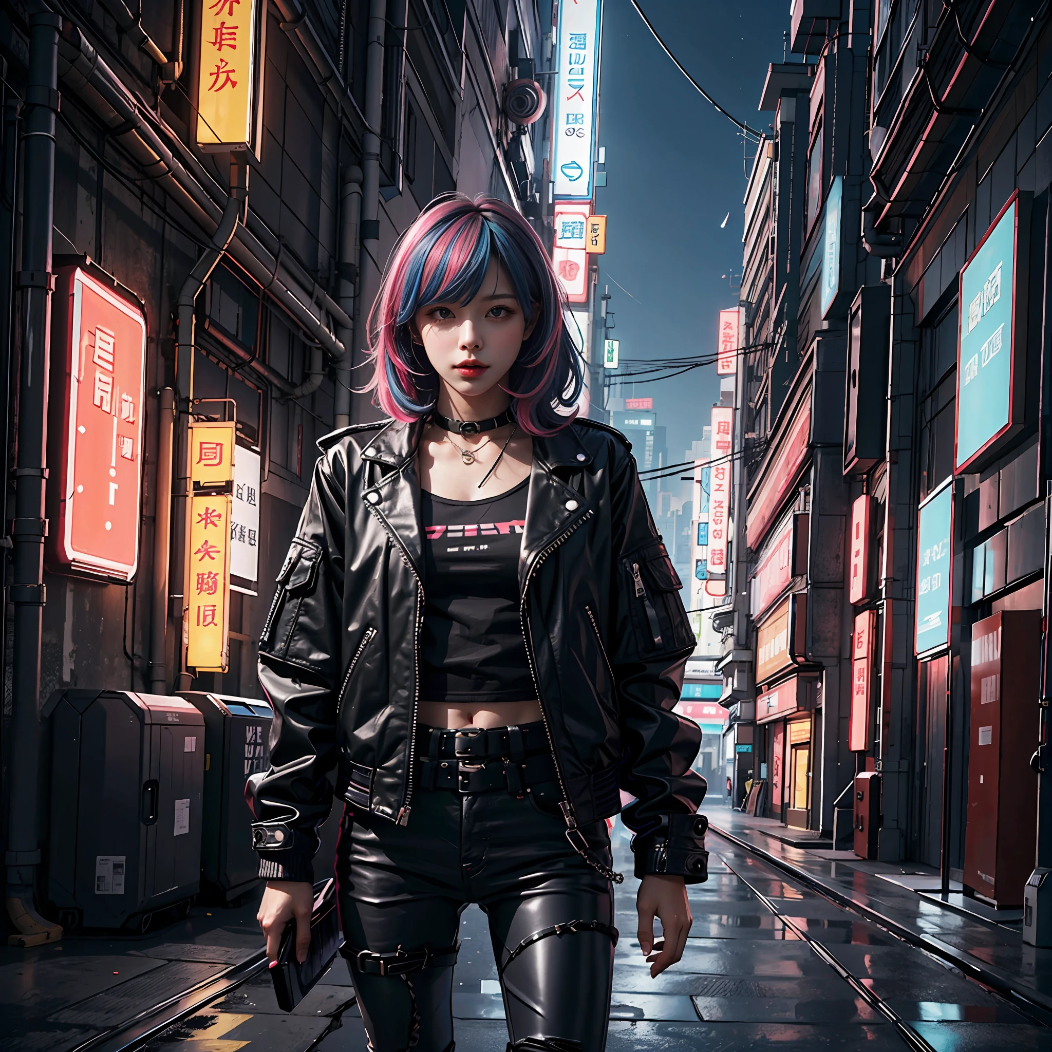 , A girl
, neonlight
, neon hongkong_City
, Neon hair
, neon eyes
, Black leather jacket
, CyberpunkAI,