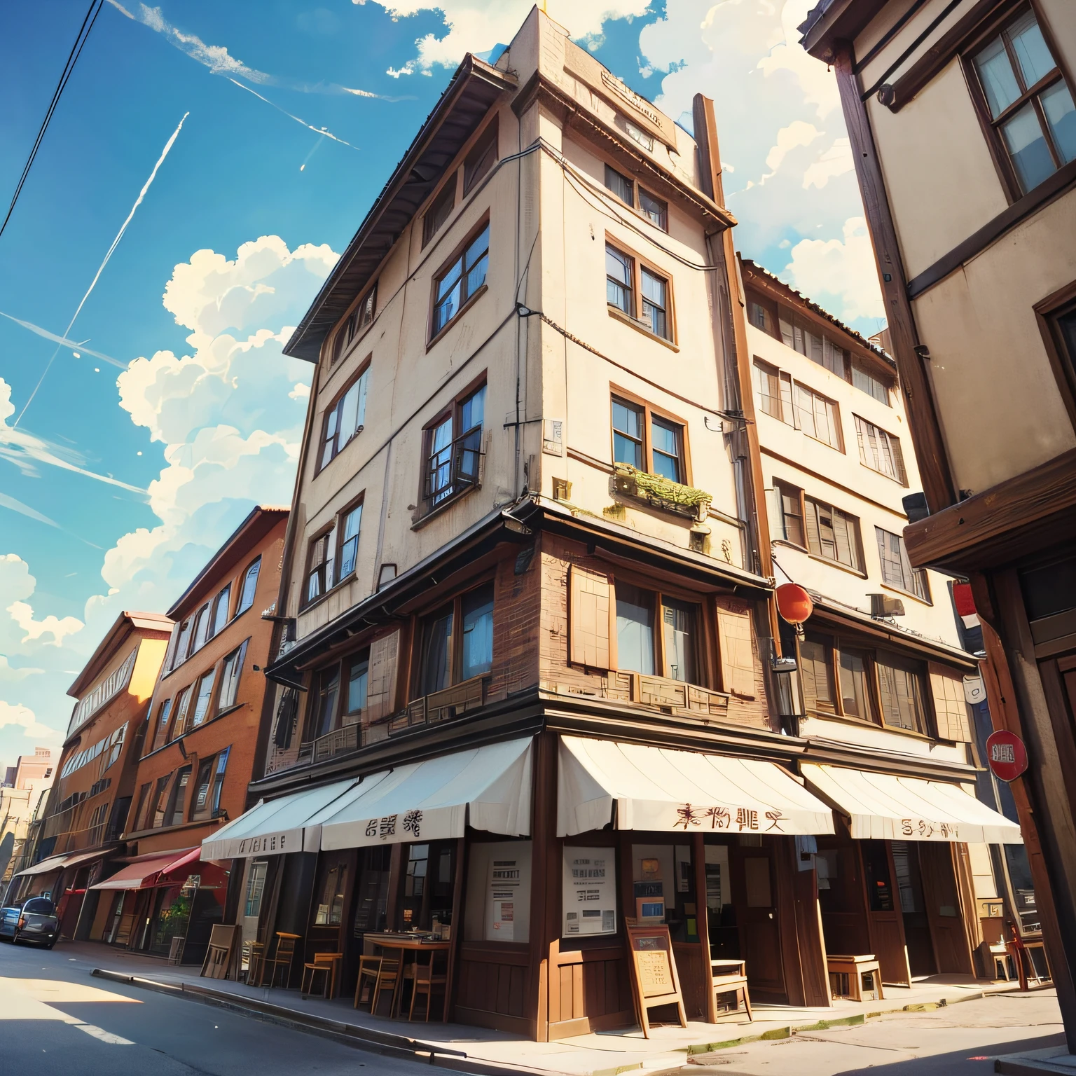 Restaurant hostel,Ancient wind,Quaint,Chinese,towering,The exterior of the entire building,wood,high rise,towering,leniency,Equal width,Located in a bustling downtown area,Individual building,with blue sky and white clouds