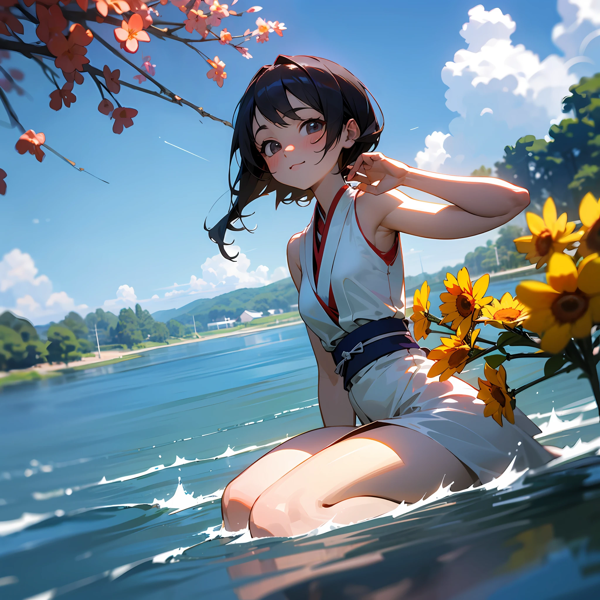 top-quality、超A high resolution、(photoRealstic:1.4)、red blush、cute little、(详细的脸)、Light smile、Looking at the camera、The upper part of the body、komono、Sunnyday、a river、夏天、blue-sky、 --auto