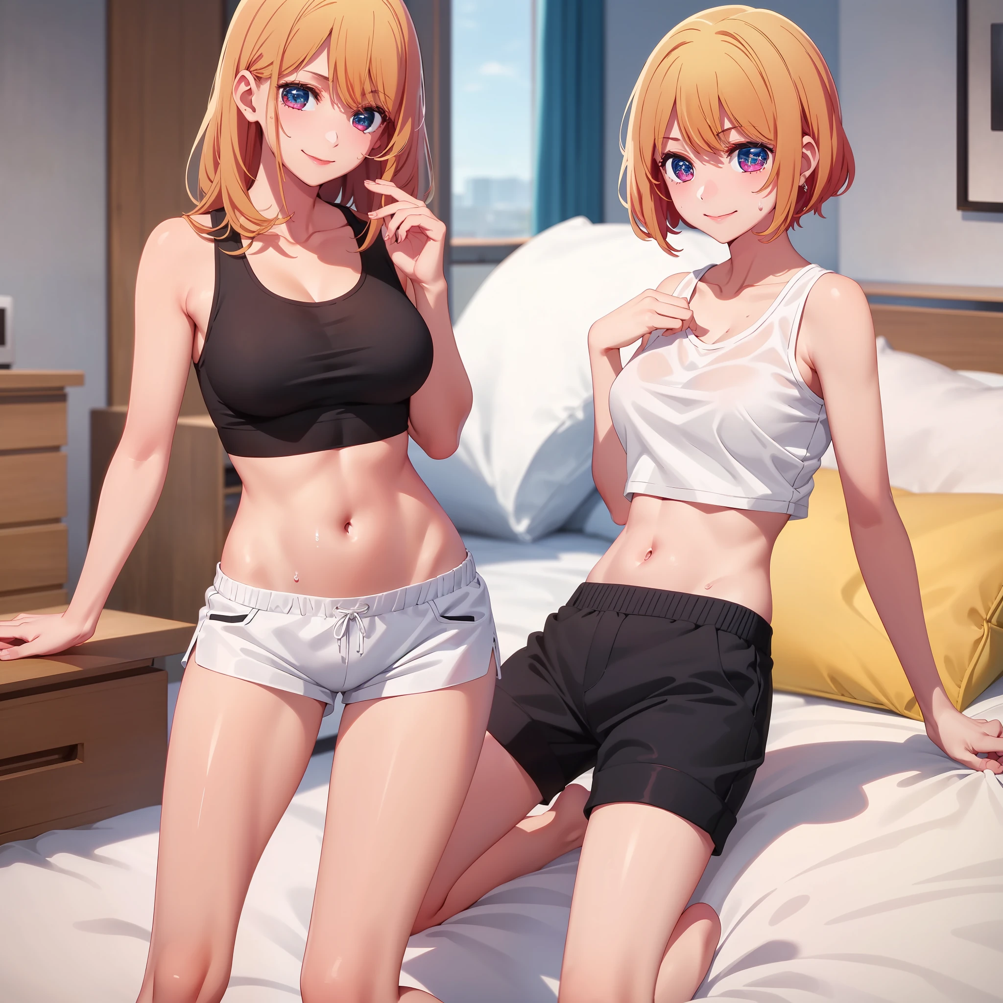 masterpiece, 8k, 1 girl, Looking at the audience, full body, perfect body, smile face, ( Photo distance : 0.4 )( expression details : 1.3 ), ( professional lighting), pony style, white crop top tanktop underwear, no bra,  Stomach, shorts, (lying: on the bed), sweaty, hard nipple, medium chest,