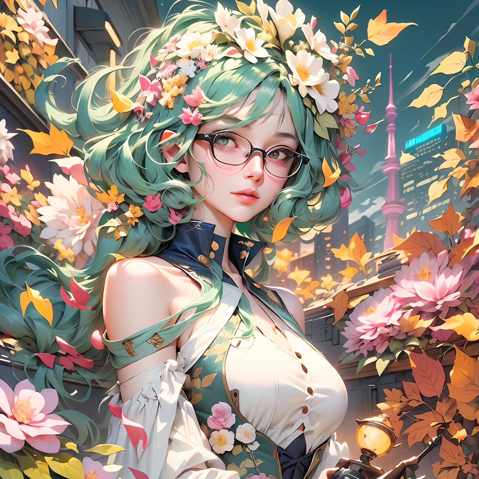 drawing of a woman with blue green color parted shoulder length hair and glasses with flowers in her hair,korean art nouveau anime, beautiful anime artwork, artgerm and james jean, anime art nouveau, beautiful anime art, the flower prince, a beautiful artwork illustration, detailed anime character art, digital art on pixiv, anime fantasy illustration, detailed digital anime art, beautiful fantasy anime, clean detailed anime art, 2 d anime style, decora inspired illustrations, inspired by Yumihiko Amano, anime girl with teal hair, anime style portrait, beautiful anime art style, portrait of jinx from arcane, manga art style, anime style illustration, anime art style, extremely fine ink lineart, black and white manga style, black and white line art, ink manga drawing, intense line art, pencil and ink manga drawing, intense black line art, in style of manga, exquisite line art, perfect lineart,exquisite line art, exquisite digital illustration, detailed digital drawing, black and white coloring, digital anime illustration, a beautiful artwork illustration, detailed matte fantasy portrait, beautiful,(Daylight,autumn, Best quality, 8k, Masterpiece :1.3)), Whole body, Long legs, Sharp focus :1.2, A pretty woman with perfect figure wearing smart haute couture dress :1.4, Slender abs :1.1, ((Dark brown hair, small breasts :1.2)), (White tight tshirt, Jean bib, Standing:1.2), ((Night city view, Rooftop:1.3)), Highly detailed face and skin texture, Detailed eyes, Double eyelid,( watercolor \(medium\), IrisCompiet:1.2),abstract background, fantasy, many colors, wind blowing,masterpiece, best quality, (extremely detailed CG unity 8k wallpaper), (best quality), (best illustration), (best shadow), absurdres, realistic lighting, (Abyss), beautiful detailed glow,clear face, clean white background, masterpiece, super detail, epic composition, ultra HD, high quality, extremely detailed, official art, uniform 8k wallpaper, super detail, 32k -- v 6