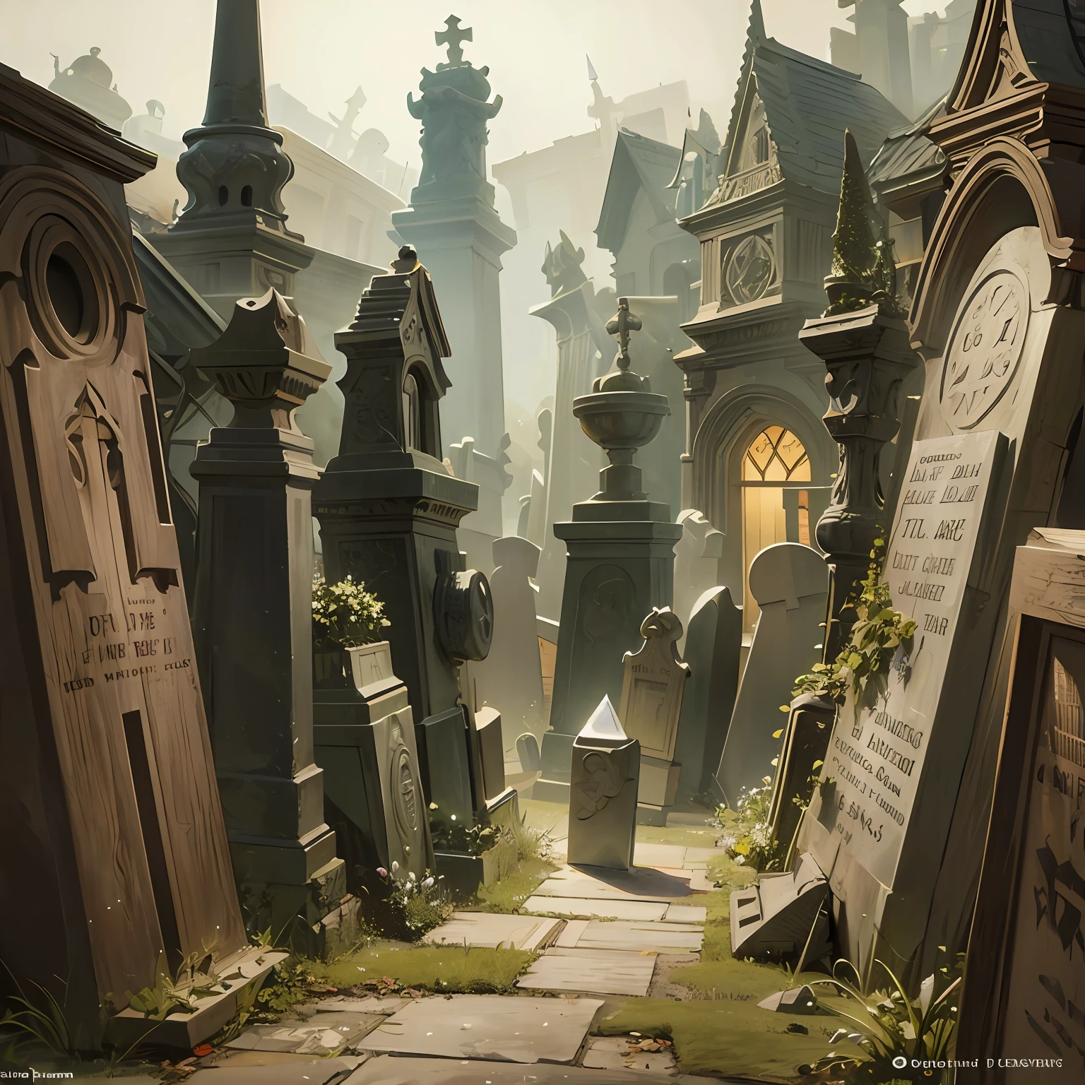 A lonely graveyard shrouded in fog, tombstones leaning at odd angles, and ghostly figures drifting among the graves. Reference artist: Hieronymus Bosch, known for his intricate and fantastical depictions of the afterlife. --auto