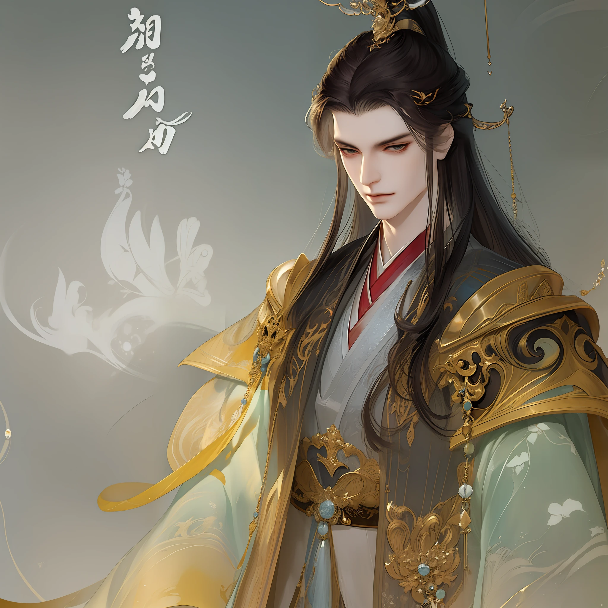 best qualtiy，tmasterpiece，highly detailed wallpaper，1 handsome man、pretty eyes，Character standing drawing，malefocus，brunette color hair，long whitr hair，Kingly temperament，详细的脸，gorgeous hair accessory，looking at viewert，Hanfu，超高分辨率，sketching，ink wash style