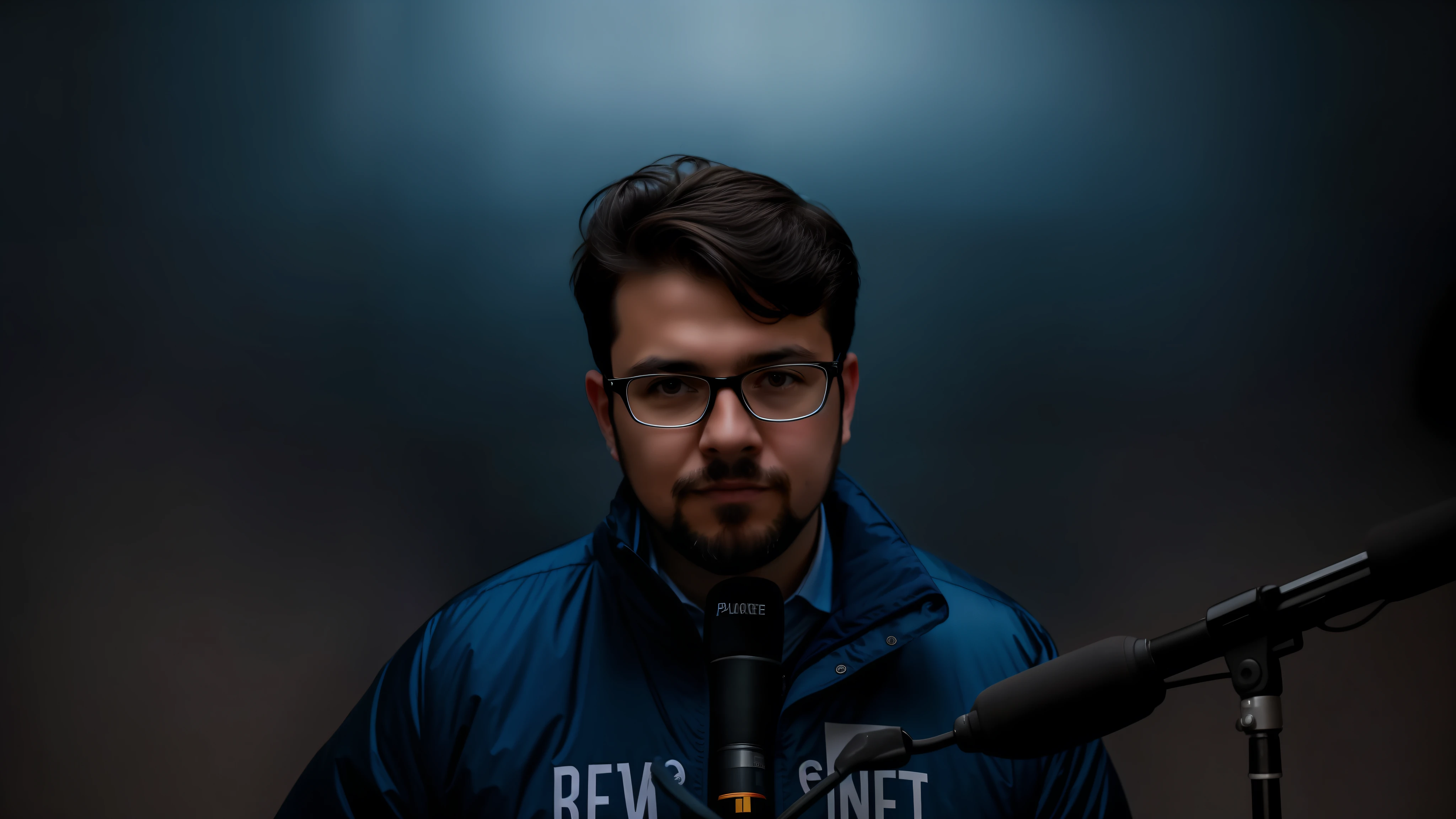 there is a man with glasses and a beard wearing a blue jacket, portrait shot 8 k, mid shot portrait, headshot profile picture, mid portrait, cinematic portrait, cinematic headshot portrait, soft portrait shot 8 k, high quality portrait, low key lighting, low - key studio lighting, looking straight to camera, headshot portrait, journalist photo, portrait shot, looking straight into camera