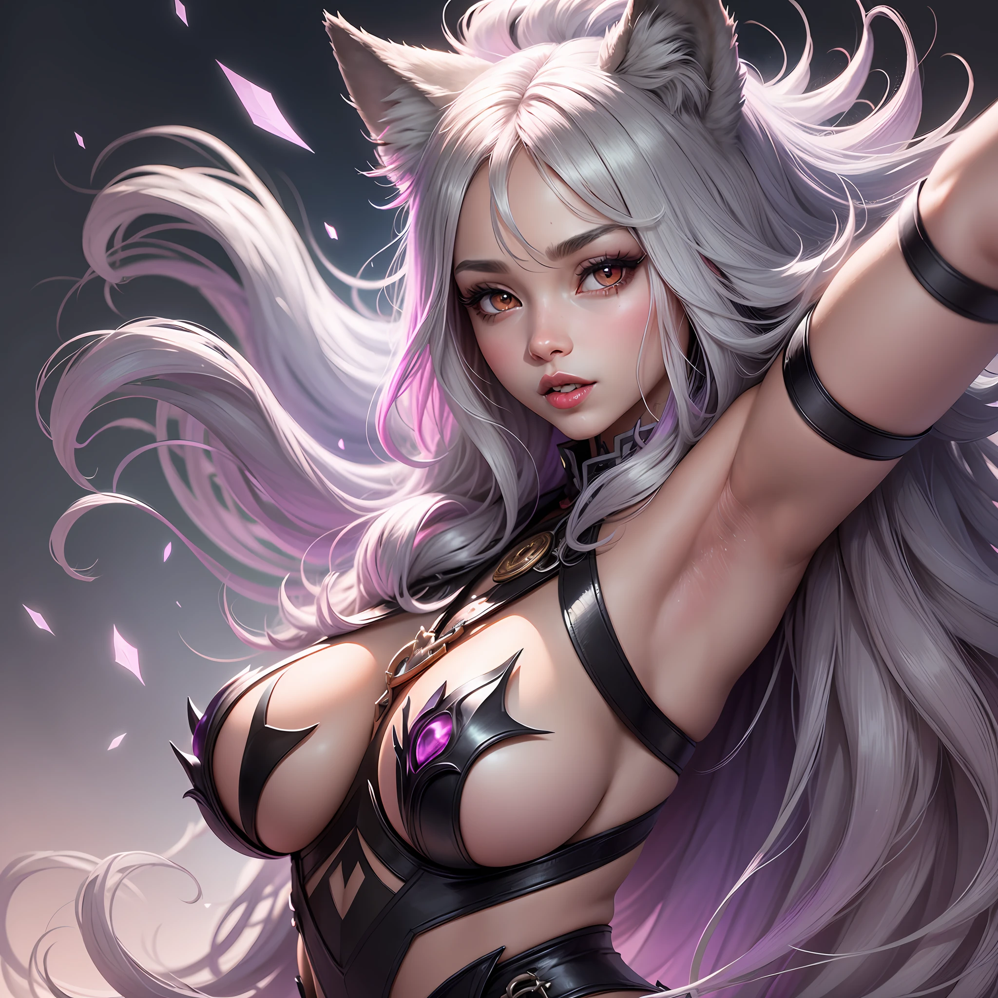 female body wolf, purple fur, long silver claws, arms outstretched, howl humain face, black skin, pink eyes, pink lips, prominent silver canine --auto --s2