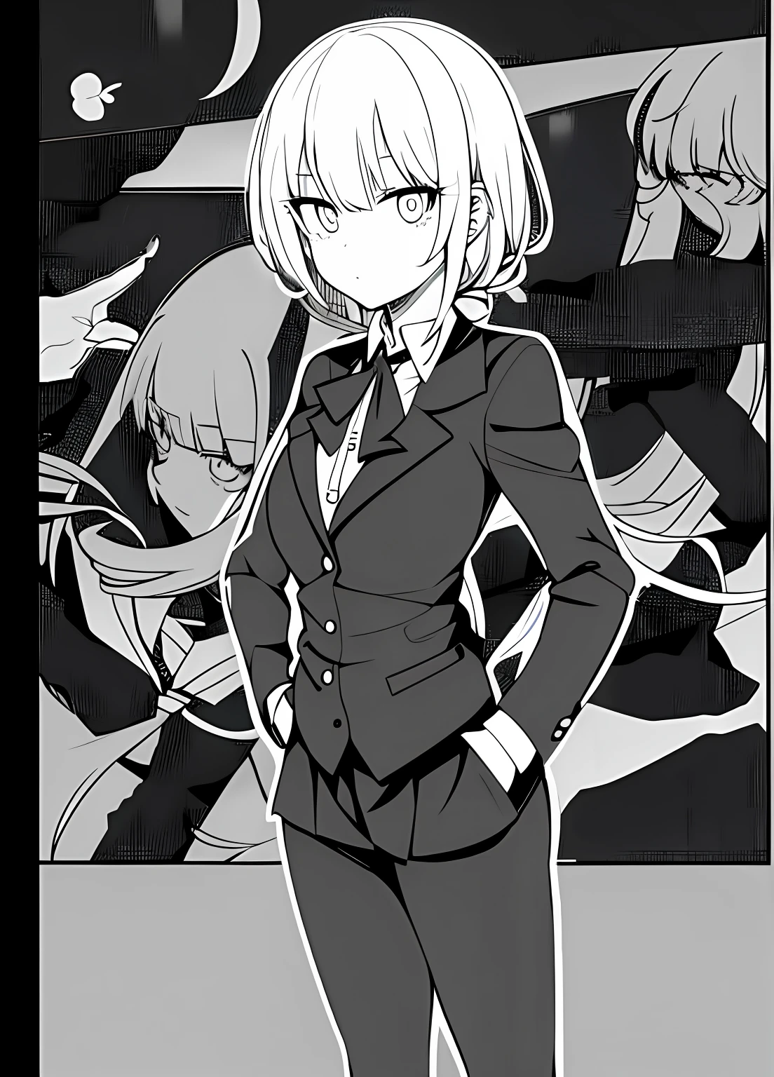 Anime girls wearing clean school uniforms,
thick line art, Girl in suit,
thick lineart, girl in a suit,
clean lineart, sharp lineart,
intense line art, bold lineart,
thick outline, Outlined!!!
perfect lineart, Simple lines of art,
wearing a strict business suit。