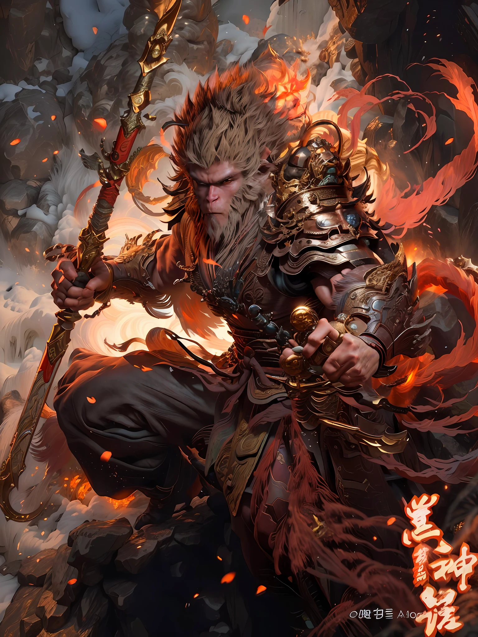 Anthropomorphic male monkey man with golden hoop stick in his hand, Sun Wukong, Wukong, fighting Buddha, normal hands, flame clouds under his feet, fire eyes golden eyes bright and brave, very beautiful anthropomorphic monkey, Guan Yu, inspired by Huang Shen, inspired by Hu Zaobin, inspired by Yang Jin, legendary god holding a spear, by Yang J, Bian Lian, Sun Wukong, inspired by Li Kan, Cheng Wei Pan on Artstation