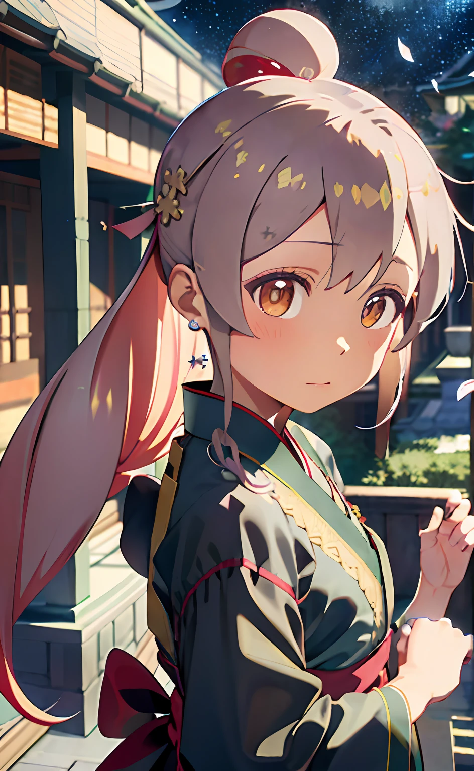A high resolution,4K,k hd,Highly detailed face,Well drawn hands,Well drawn legs,Well drawn feet,(((Well drawn eyes))),Floating hair,Delicate and agile eyes,Starry pupils,Intricate damask hanfu,Gorgeous accessories,Wearing pearl earrings,fov,F1.8,tmasterpiece,Complexscenes,Petals flying,Frontal portrait shot,Chang'e,Oyama Makoto,Black yukata