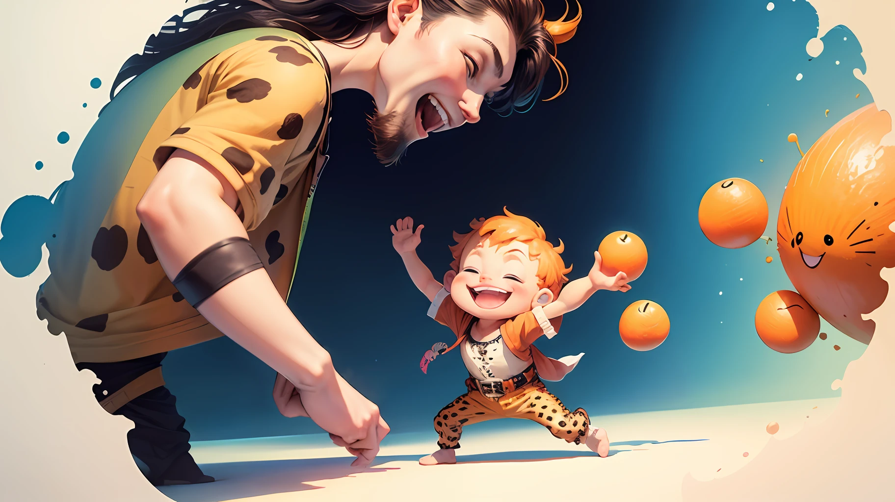 Happy cartoon kraven dancing with a happy cartoon tangerine. Whimsical composition, happy, fun, comical. Happy palette of colours. Watercolor and ink, children's book illustration. --auto