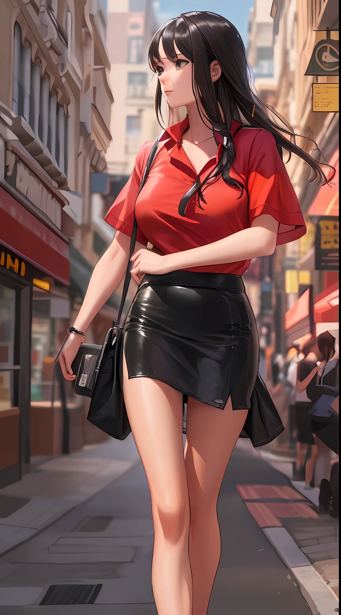 there is a woman walking down the street in a short skirt, Surrealism female students, Surrealism female students, trending on cgstation, Realistic anime 3 D style, style of surrealism, photorealistic art style, photorealistic anime girl rendering, realistic art style, Realistic schoolgirl, trending at cgstation, Fully clothed. painting of sexy, realistic pictures