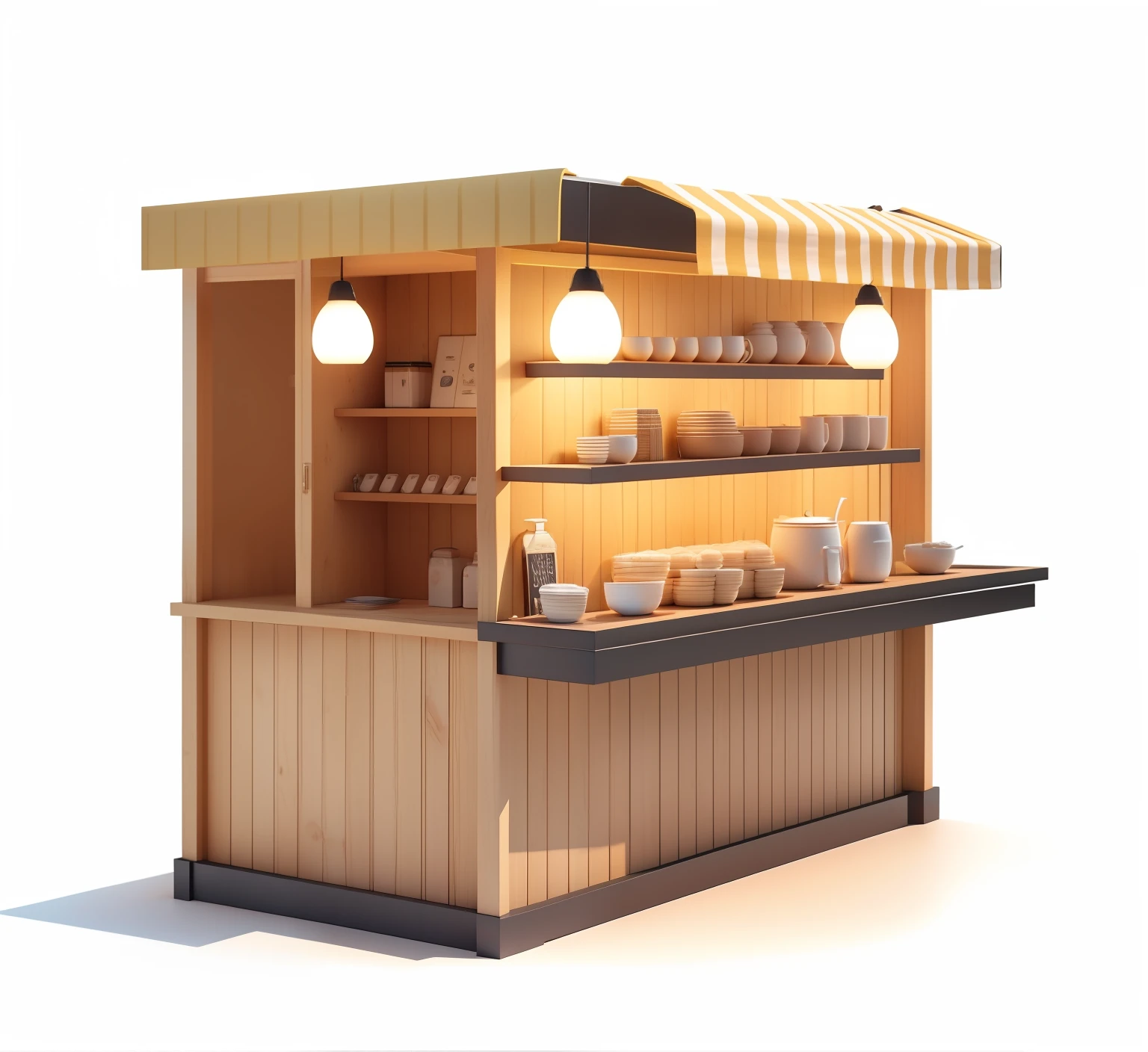 There is a small counter，It has a yellow awning on it, Renders, highly rendered, shelf, 3 d render even lit, arte renderizada, rendered lighting, rendered in 3 dsmax, pre-rendered, 3 d rendered, a 3D render, fully rendered light to shadow, rendered image, colored market stand, well lit 3 d render, high detailed store