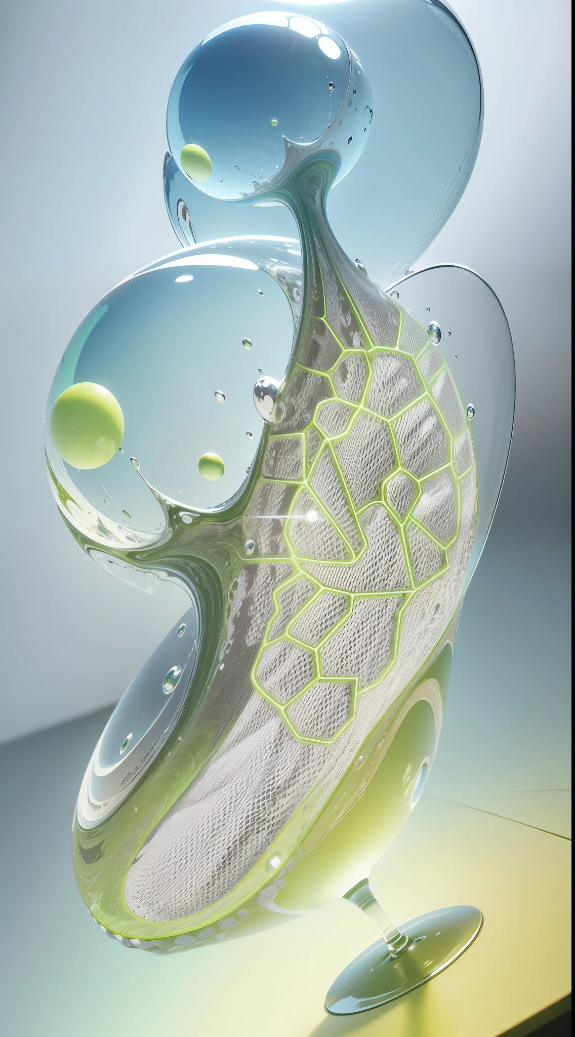 There are many spheres dancing in the sky against the background, floating, soft, gradient soft green blue, circular countertop, 3D rendering, sterile background, light green, 3D matte illustration, smooth 3D illustration, color gradient background, many floating spheres, organic abstraction, A bird's-eye view, realistic 3D, clean background trending, Ultra HD, Still Life Photography --auto