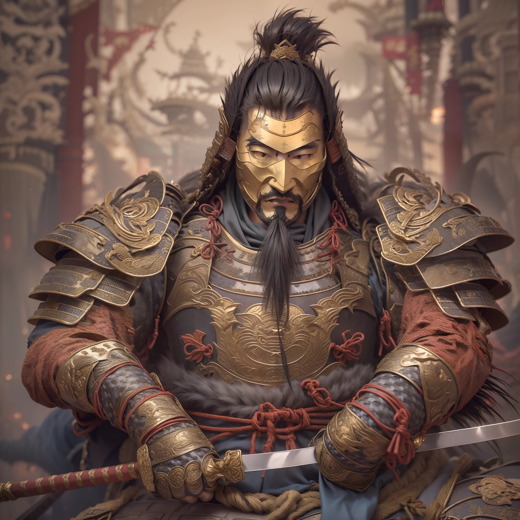 Asian warrior, mature man, beard, hair in a bun, thin face, Asian armor, Back weapon: great sword, tiger decorative necklace, chinese dragon decorative armor detailed pattern gloves, art picture, best quality, oriental art, high detail images