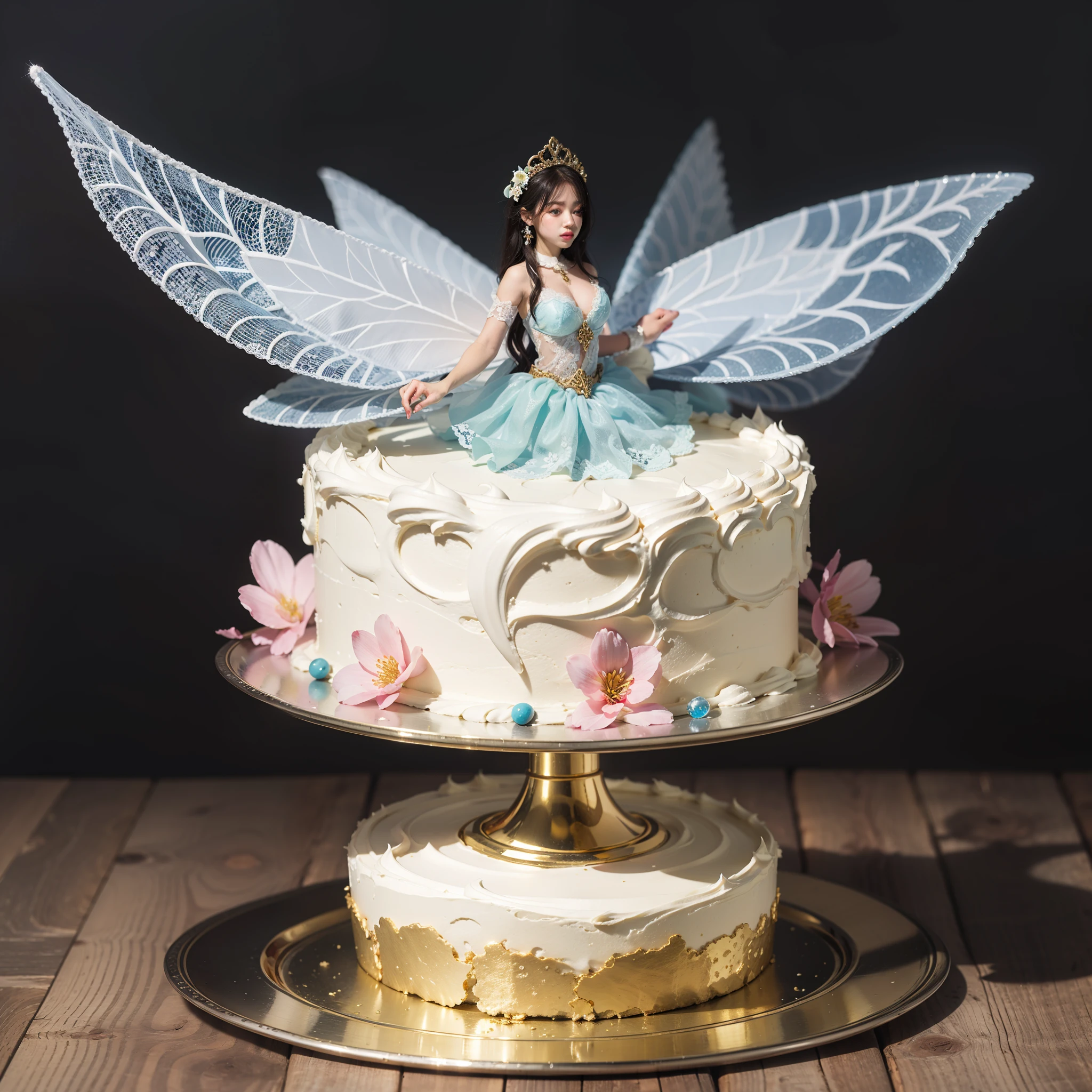8K quality，Brilliant，White cake，Gorgeous style，White with foot plates，round form，extravagant，Three-layer cake，Possessed on cake（Sugar carving figure fairy flying，The characters are retouched with sugar coatings，flowy，The background pattern that the sugar silk turns into），Sugar beads gold（Random distribution），Sugar flower garnishment。，Icing lace