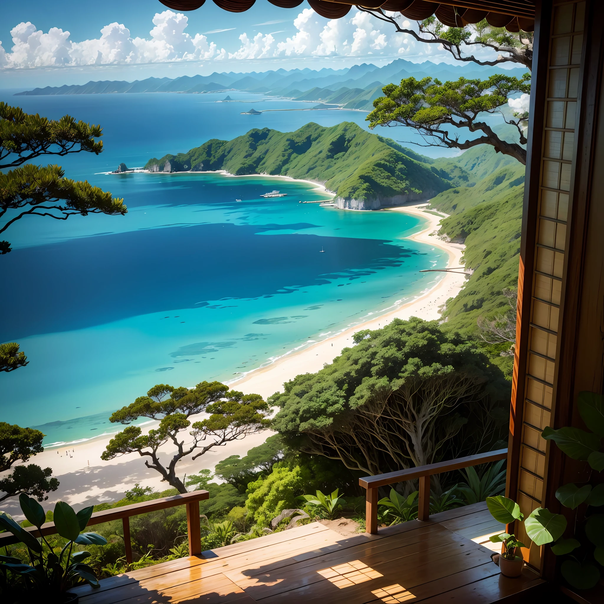 Superb view of the vast turquoise sea of Okinawa seen from a gap in the rainforest exposed to strong sunlight --auto