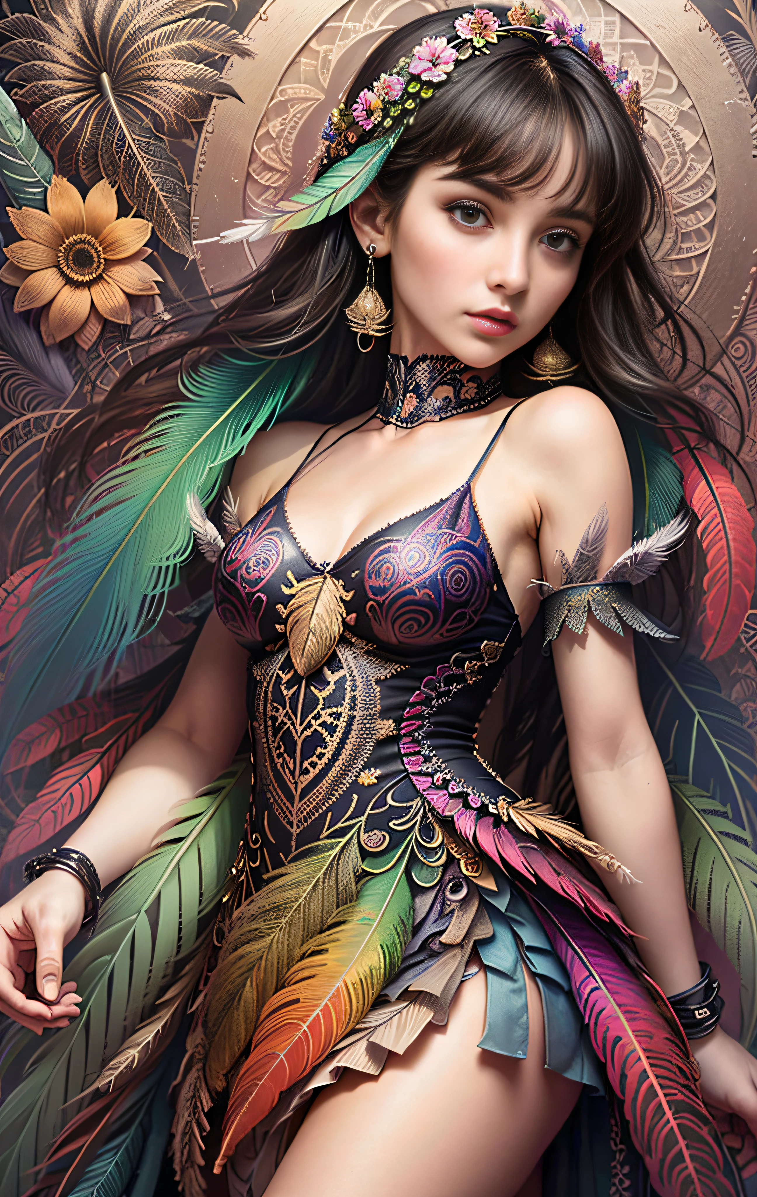 (masterpiece, top quality, best quality, official art, beautiful and aesthetic:1.2), (1girl:1.3), extremely detailed,(fractal art:1.1),(colorful:1.1)(flowers:1.3),highest detailed,(zentangle:1.2), (dynamic pose), (abstract background:1.3), (many colors:1.4),(earrings), (feathers:1.5)