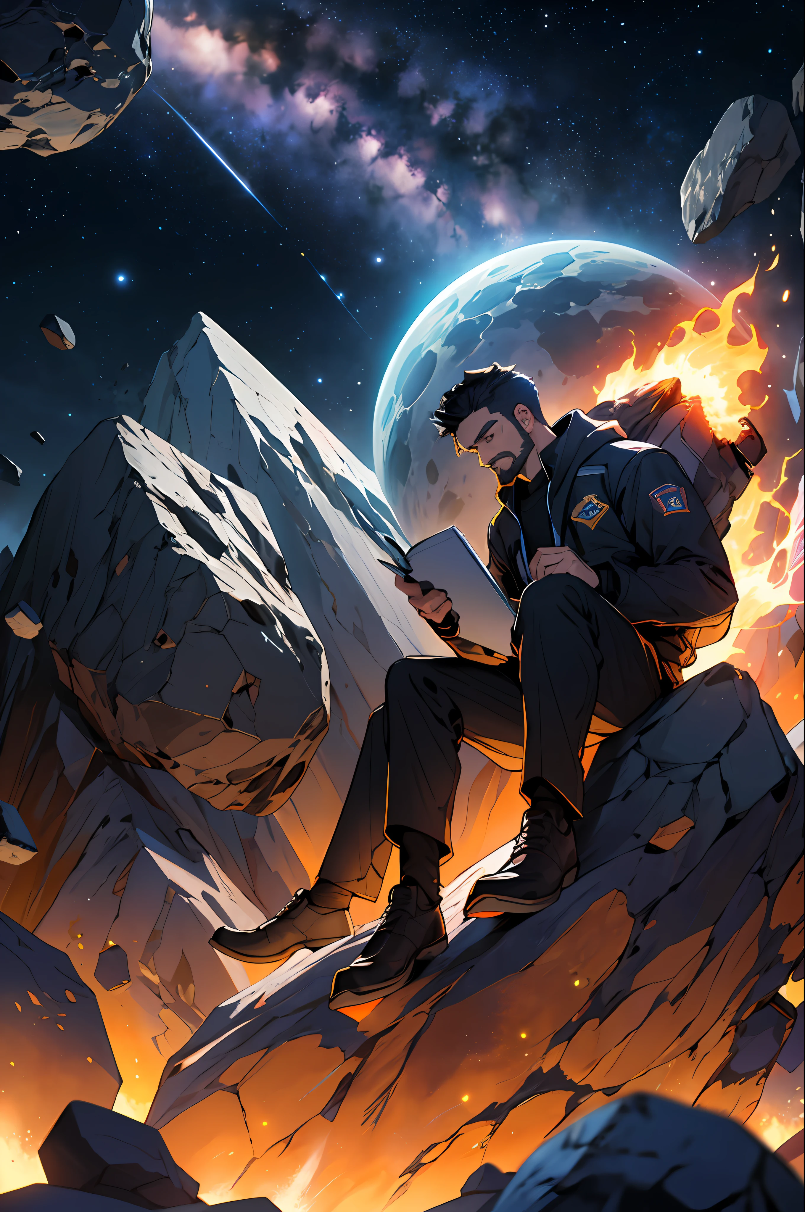 Draw a young programmer, sitting on a research platform floating in the middle of an asteroid belt. He is studying with a notebook, surrounded by several asteroids glowing with fiery auras. Dramatic lighting from distant stars and planets illuminates the scene, casting deep shadows on the suit. The young man looks confident and determined, looking at the vast and mysterious universe with wonder and respect,facial hair, cowboy shot,