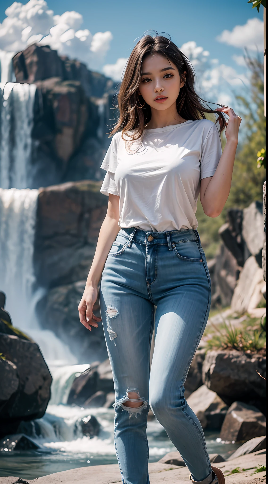 (8k, RAW photo, photorealistic:1.25) ,( lip gloss, eyelashes, glossy side, shiny skin, best quality, ultra high resolution, depth of field, chromatic aberration, caustic, wide light, natural shadow,) , Italian seductive woman in blue dress tight torn jeans with white basic round neck plain Tee-shirt, no print in Teeshirt, ankle Boots, standing under the waterfall, tall perfect bidyItalian beauty women, clouds, Stunning young ethereal figure, wearing white basic full body length tee-shirt, realistic beautiful young italian woman, flowing fabric, (wind: 1.3), blue sky in background, (full body: 1.5)