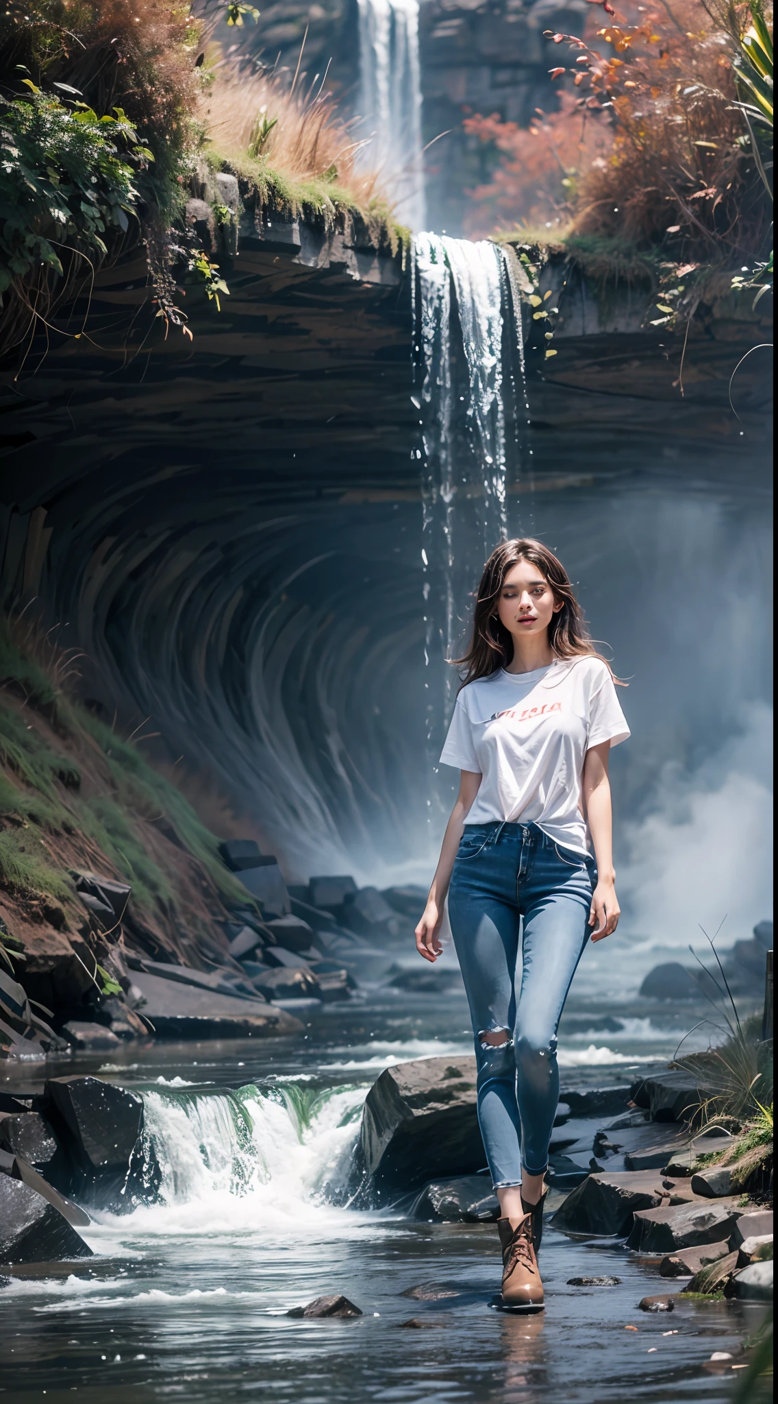 (8k, RAW photo, photorealistic:1.25) ,( lip gloss, eyelashes, glossy side, shiny skin, best quality, ultra high resolution, depth of field, chromatic aberration, caustic, wide light, natural shadow,) , Italian seductive woman in blue dress tight torn jeans with white basic round neck plain Tee-shirt, no print in Teeshirt, ankle Boots, standing under the waterfall, tall perfect bidyItalian beauty women, clouds, Stunning young ethereal figure, wearing white basic full body length tee-shirt, realistic beautiful young italian woman, flowing fabric, (wind: 1.3), blue sky in background, (full body: 1.5)