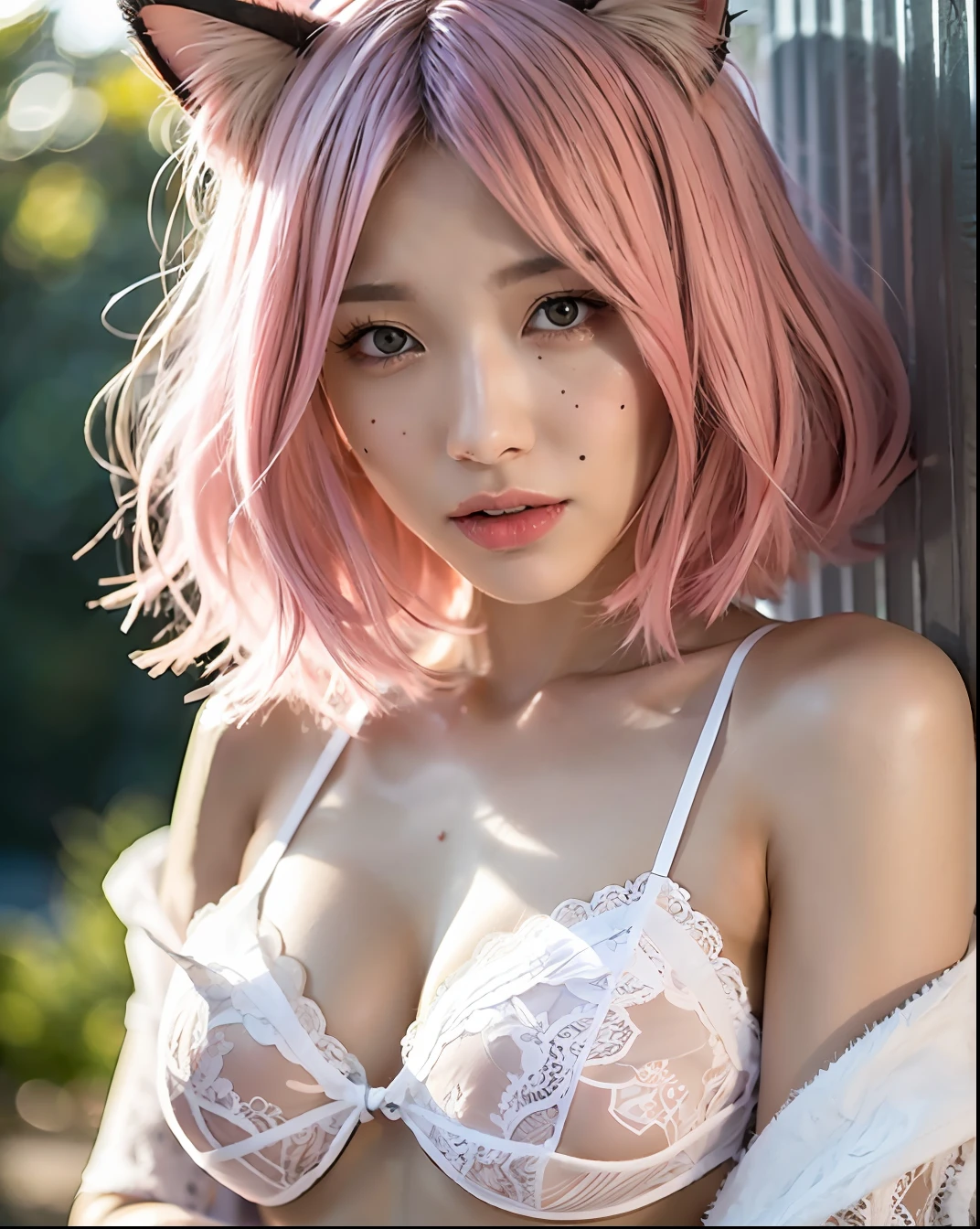 Girl: pink hair, short hair, pink eyes, , white skin, mole on cheek, with cat ears on head, in white lace lingerie, super detailed, sexy pose, sary, small breasts