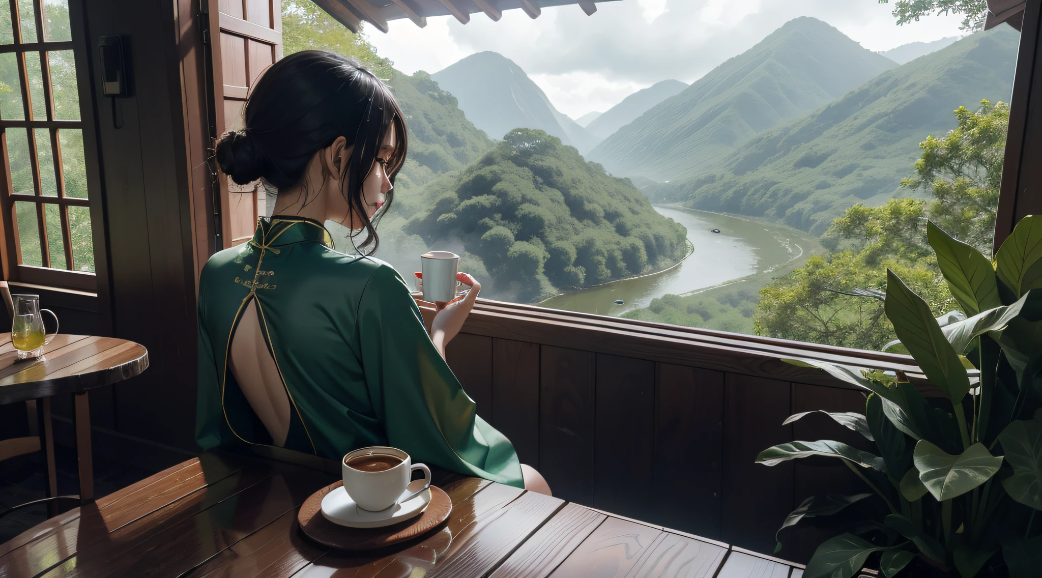 In the secluded woods,There is rich vegetation and river details,With your back against a big mountain,There was light rain in the sky,Rainwater drips from the eaves,A beautiful girl,Wearing a green cheongsam,Face the window,Sit at the coffee table and drink tea,Panoramic screen,byself,With his back to the camera,The whole is Segpunk style,It's a high-quality movie、A masterpiece of digital art in 8K resolution。