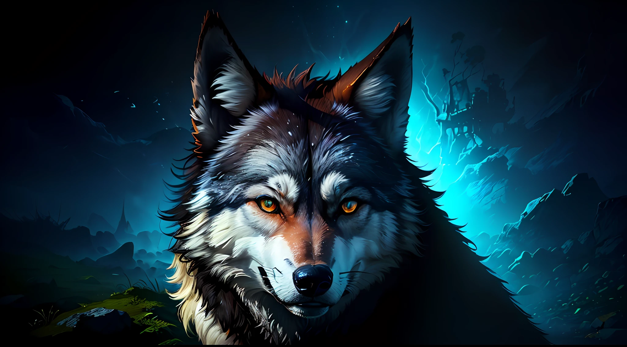 masterpiece, best quality, dark environment, backlit, blue moon, wolf, wolf head, wolf hair, (very detailed CG unified 8k wallpaper), (best quality), (best illustration), bow-waisted werewolf, close-up, focused face, depth of field, blurred background, black forest, (best shadows), detailed green eyes, ridiculous, realistic lighting, (abyss), beautifully detailed, Peter Morbach's work, fog,