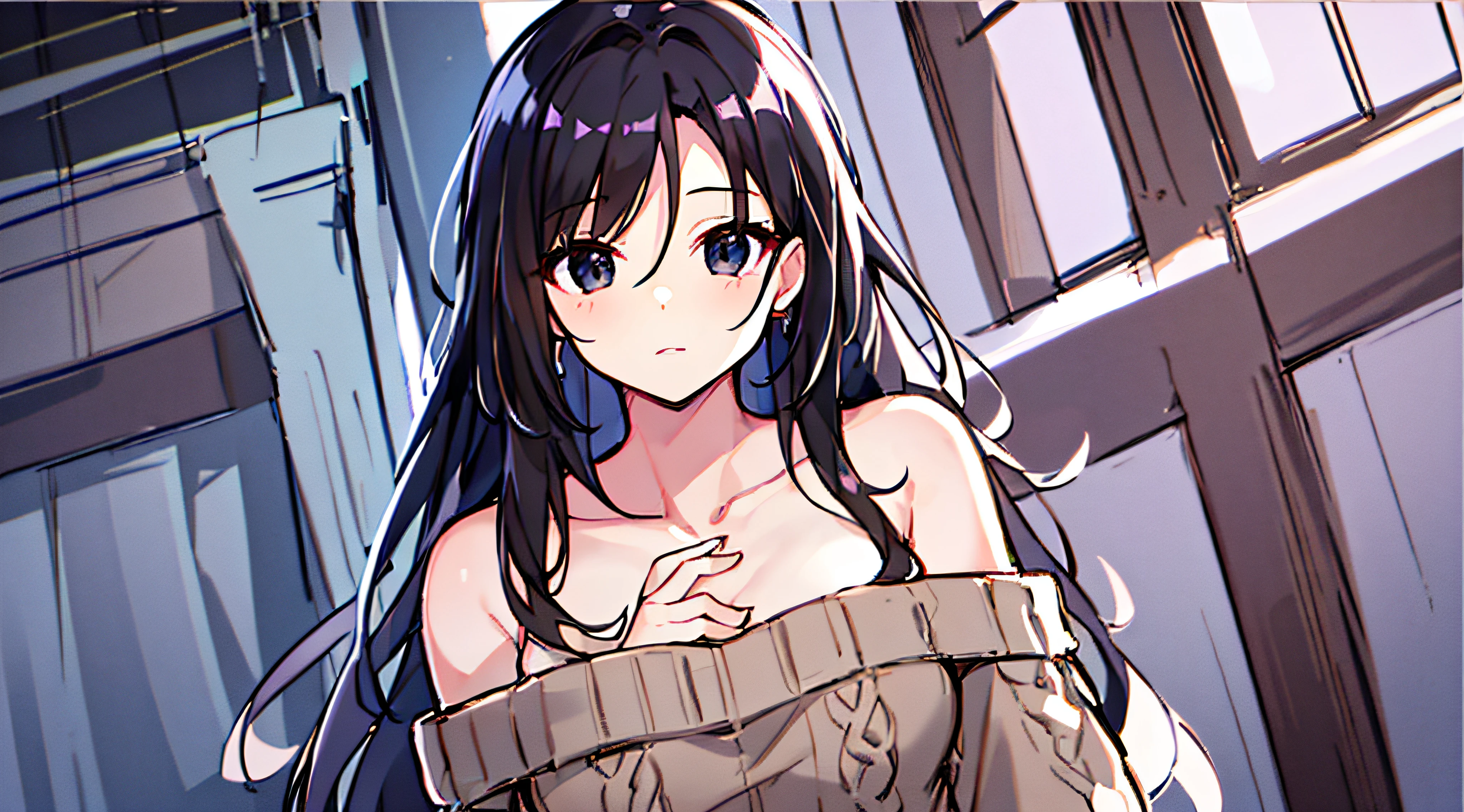 (((Chest opening off-shoulder sweater))) 、 Long black hair with slightly wavy hair、Black eyes、Superlative quality、((Top-notch image quality))、Neat and clean girls、beautiful a girl、Erotic look、Dainty girl、(((Poses)))、