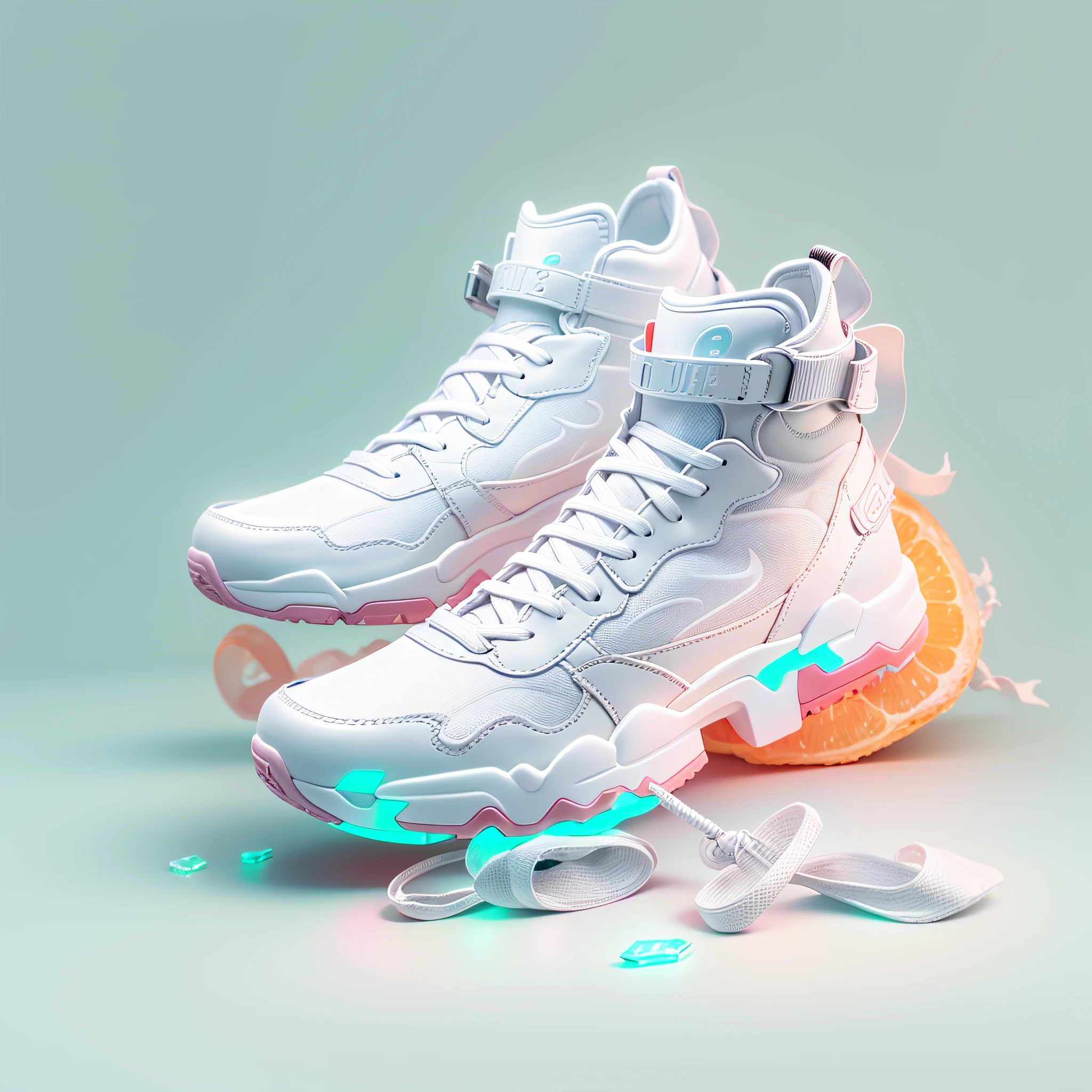 (White cyberpunk sneakers on a white background). Subject photography, Studio, Juicy colors, digitalpainting, Artstation, ConceptArt, soft focus, Clear, illustartion. ultra realistis. Photorealist --auto --s2