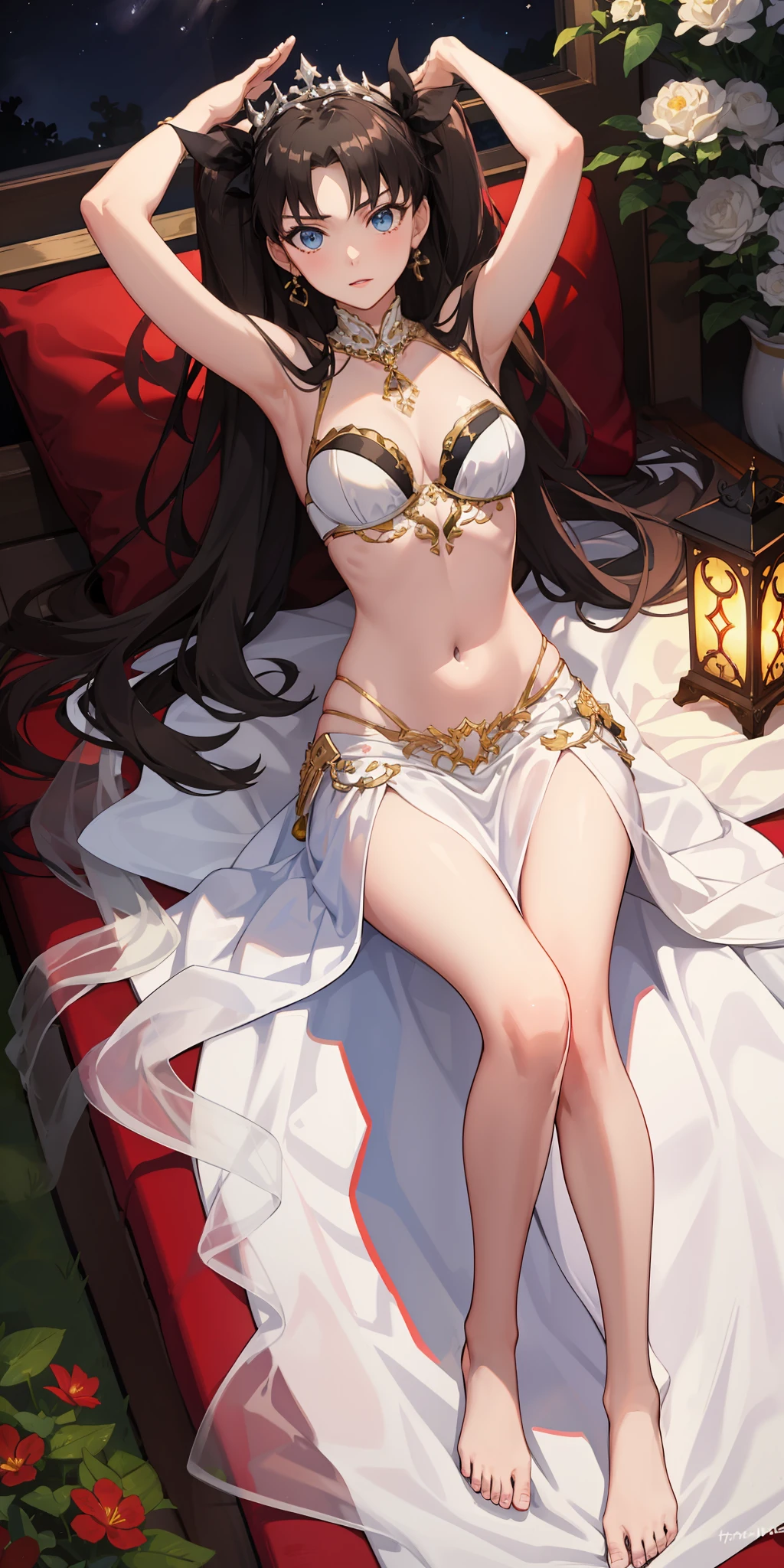 long hair, black hair, medium breast, slim legs, nervous, white gown, cleavage, arabian belly dancer , skirt, rin tohsaka, twin tail, navel, garden, night, blue eyes, tiara, laying down