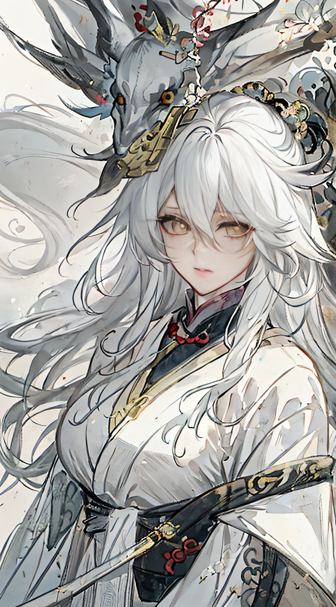 close-up of a woman with white hair and white mask，Belle peinture de personnage，Guviz，Guviz-style artwork，white-haired god，Yang J，Epic and beautiful character art，Stunning character art，FAN Qi，Wu Zhun Shifan，Blindfolded