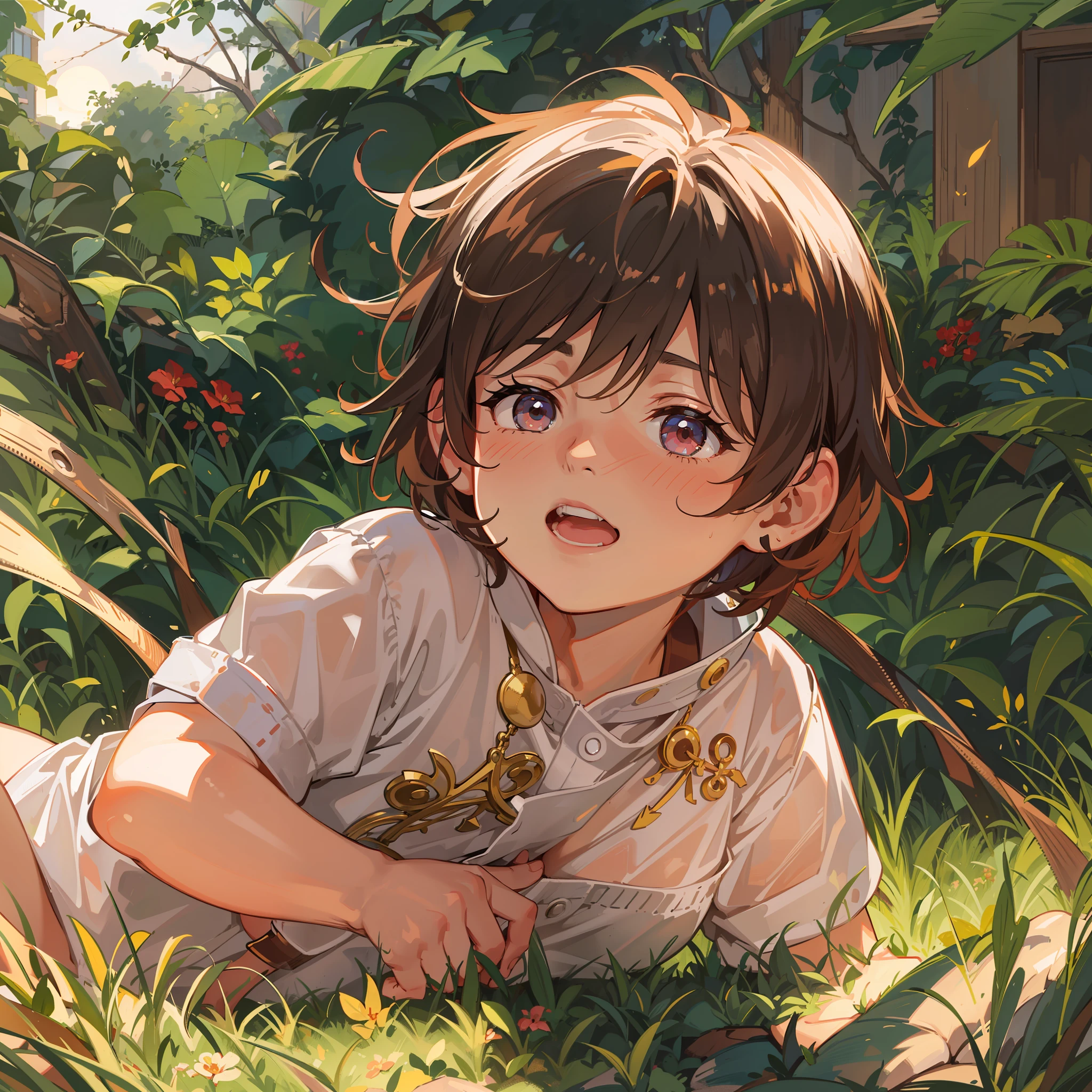 A 6-year-old boy lies on the grass,Shota,slightly fat big breasts,White top,Messy bangs,Shota,Barefoot,sludgy,Dirty。and the sun was shining brightly,quadratic element,A high resolution,Best Masterpiece,Be red in the face,rustic