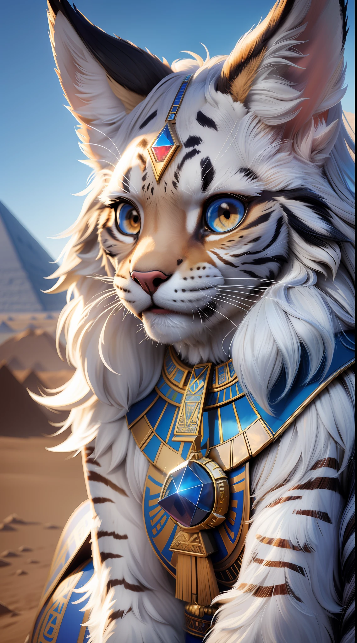 tmasterpiece, beste-Qualit, Fluffy girl, En plein air, HDR, blue skies, Sun light, Pyramind Perfect Light, animal nose, 独奏, Detailed fur, The epic concept of the film is charming, egyptian clothes, looking a viewer, Shelley, Lynx, 64k