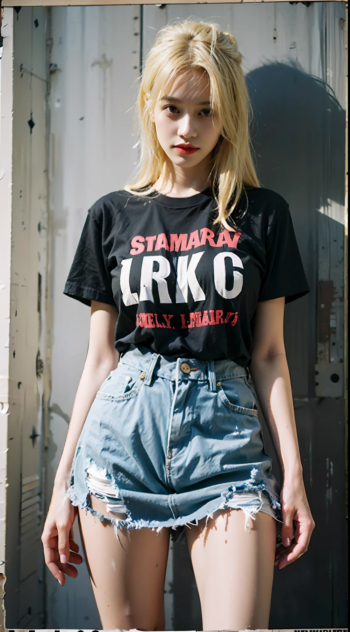 She has long pale yellow hair，Wasteland punk style，Wear an American color-block monogram short-sleeved T-shirt，High-rise split denim skirt，Long legs，Black-gray tones，Shabby poster wall with background，tmasterpiece,Need,photorealestic，k hd，photography lighting，16k