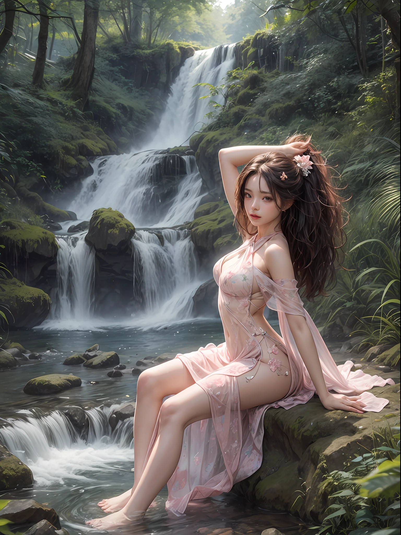 Holding a large see-through stole with pale pink floral pattern with both hands、Swaying in the wind。Wearing a dark colored see-through halter neck dress with loose navel skin。Skirt flutters in the wind and spreads。Dynamic Posing。Dancing Poses。
Loose clothing shows shoulders。Very beautiful girl at 19 years old。
Hair swaying in the wind。 masutepiece、Best Photoreal、portlate、Sheer clothing、wetted skin、Wet hair、Sexy look、Functional、Bewitching、Clothes with an open back、Oblique composition、Waterfall in the forest、Sit on the rocks、Cross your legs、Big hair ornament、Medium chest、There is a kingfisher、