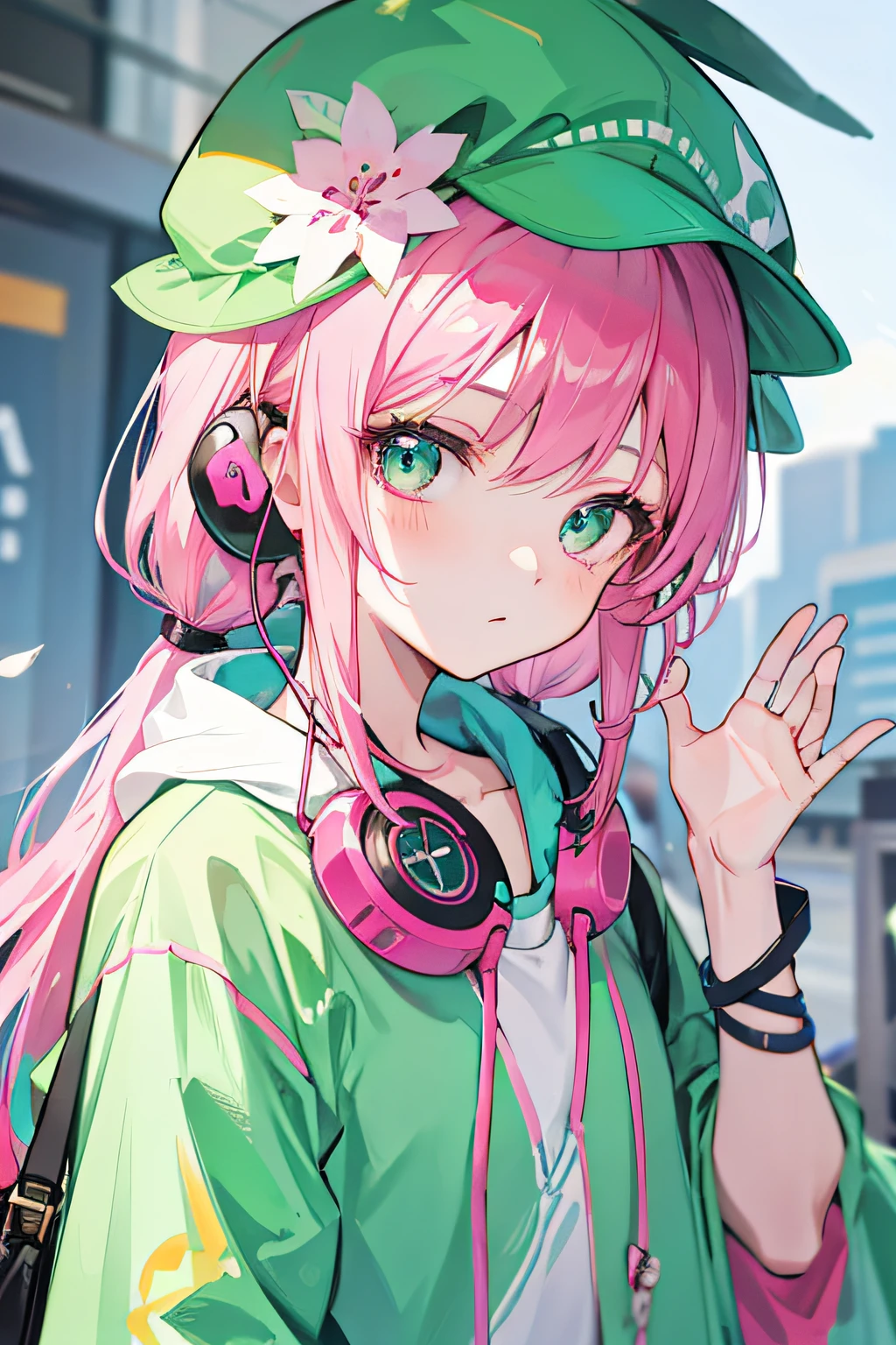 1girl,Avatar only,Earphone,A pink-haired,Green hat,florals