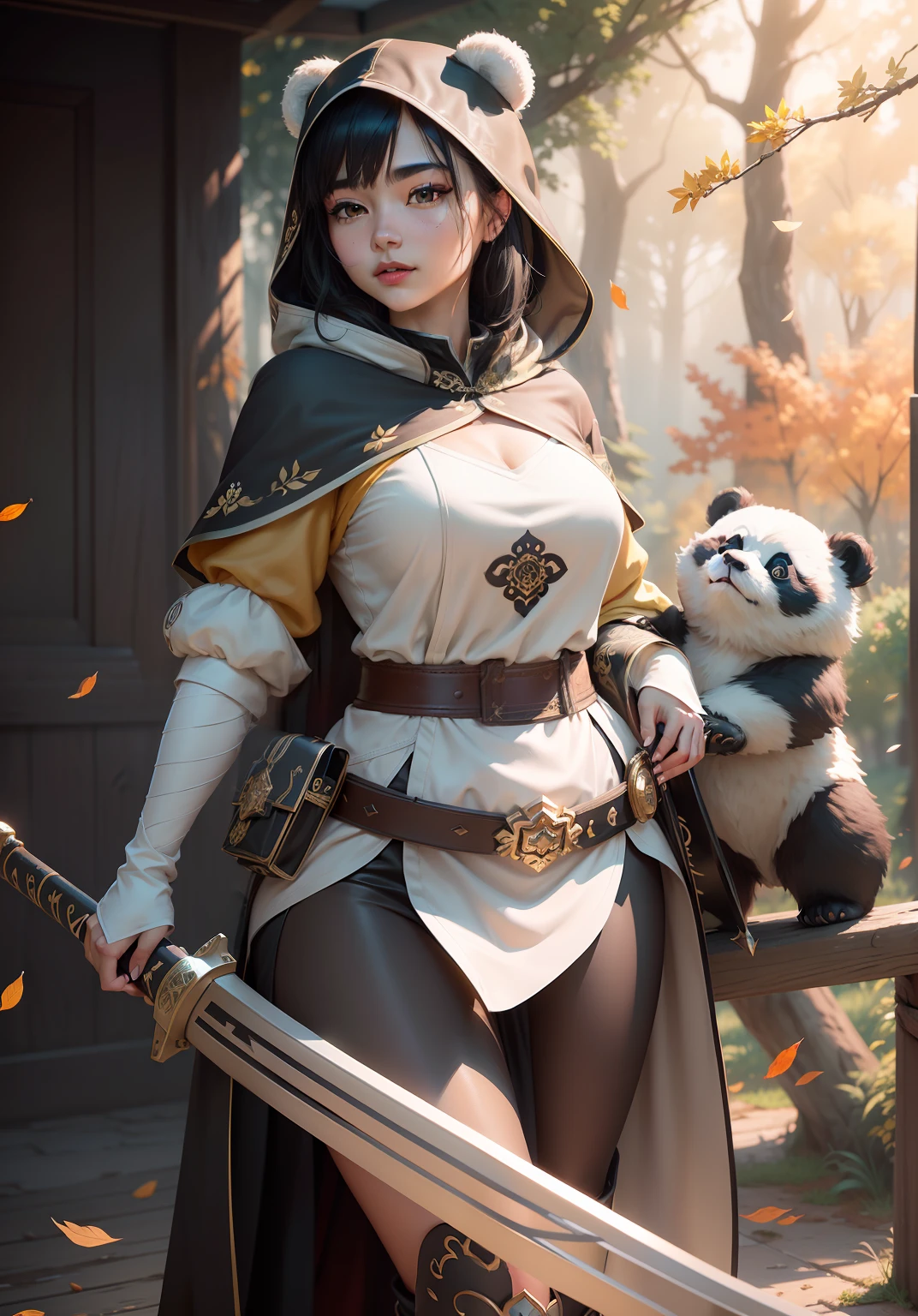 beautiful woman facing the camera black hair asian eyes, wearing a black and white panda hood holding a gleaming sword silver and gold Masterpiece, wit a cute panda bear in the background, best quality, high quality, highly detailed CG unity 8k wallpaper beautiful landscape oil painting, award winning photography, bokeh, depth of field, HDR, bloom, chromatic aberration, photorealism, highly detailed, trending on artstation, on CGsociety Trending, intricate, high detail, dramatic, midjourney art and masterpiece, best quality, high quality, extremely detailed CG unity 8k wallpaper lush summer landscape with rolling green hills stretching towards the horizon, dotted with pink, yellow wildflowers, and purples, volumetric lighting and masterpiece, best quality, high quality, extremely detailed CG unity 8k wallpapers serene autumn landscape surrounded by trees in shades of golden yellow, fiery red and burnt orange. The crisp air is laced with the sweet aroma of fallen leaves and wood smoke. --auto