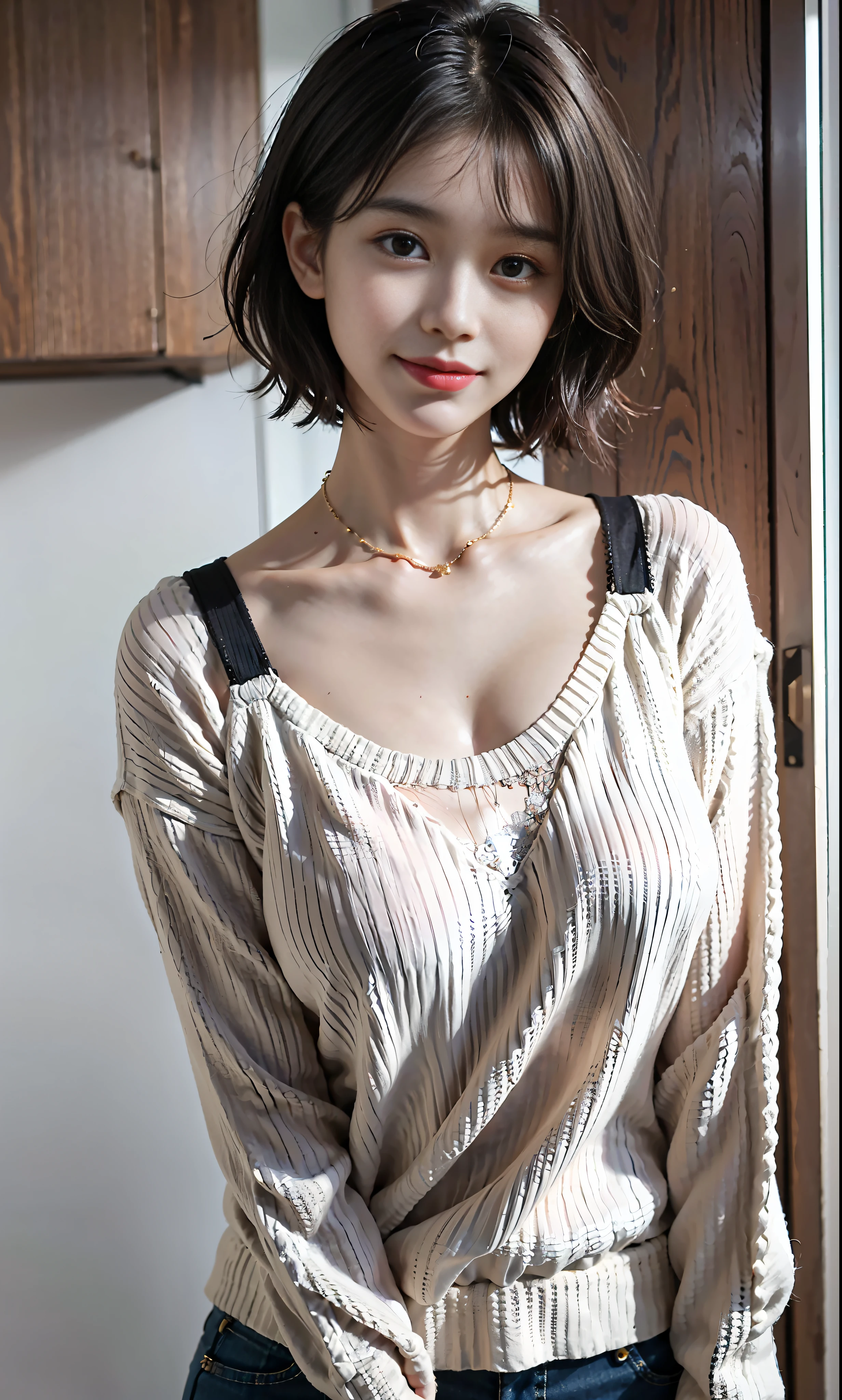 (Best quality, 8k, 32k, Masterpiece, UHD:1.2),Pretty korean woman photo, big breasts, very short short hair, upper body,(oversized_sweater,:1.1) necklace, simple background, tour, smile