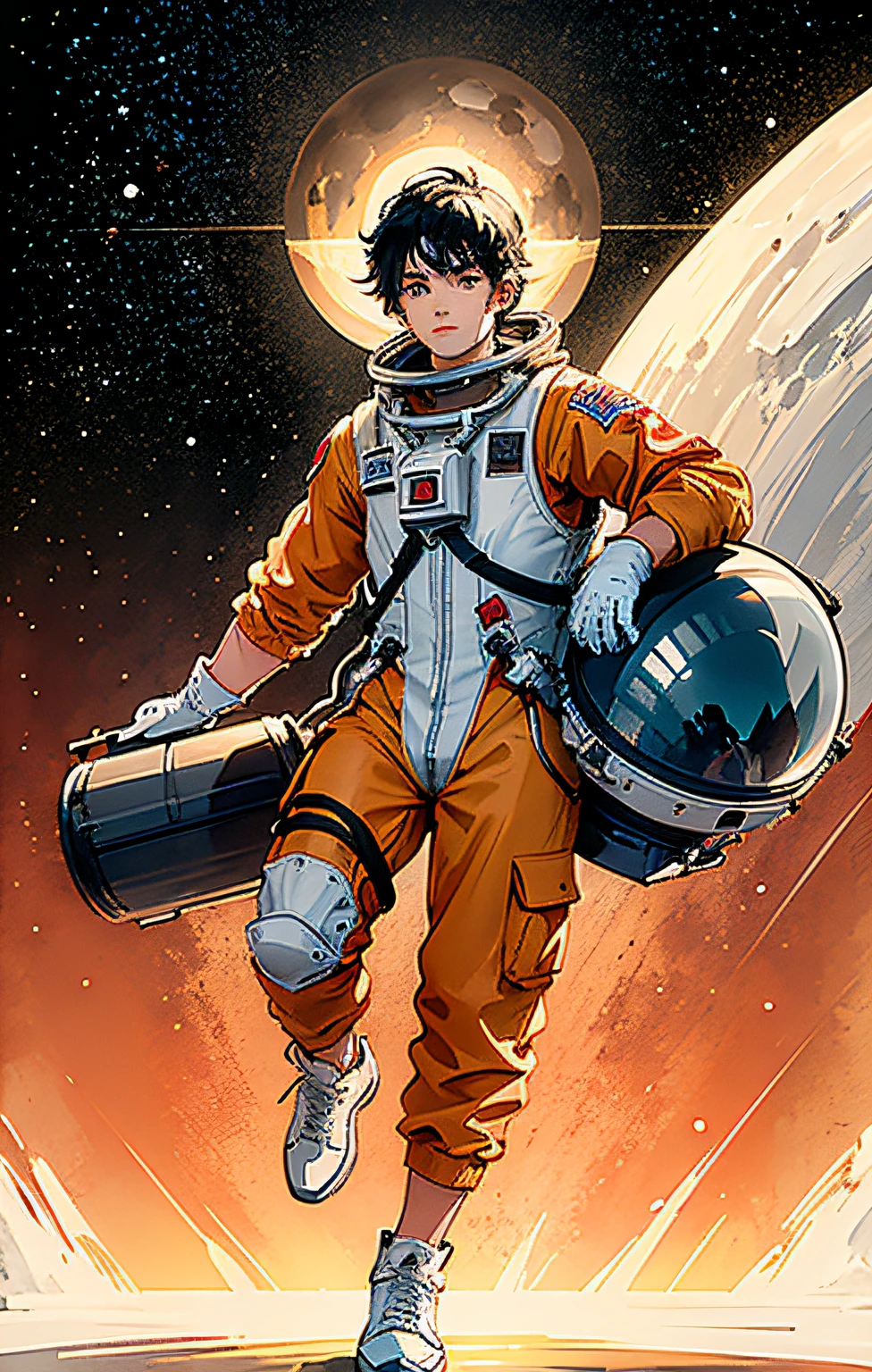1boy,Robust,Handsome,Fortitude has God's eyes,ccurateblack hair,visible through the hair,Hair between the eyes,CCCPposter,sovietposter,Red monochrome,USSR Poster,urss,communism,brunette color hair,red - eyed,Vampires,youth，There are pectoral muscles,space suit:Orange_clothing_body:jumpsuit ), white_gloves, white_space shoes, white_helmet, CCCP red letter on the top of the helmet, in weightlessness, Side light, reflection, The person in the spacesuit is in the lower left of the picture，The right hand is outstretched，The right hand gently touches the Salyut space station），Space station in the upper right corner of the screen，The sun reflects light，Silver metal，red flags，luster，style of the USSR，diffused reflections，metalictexture，The vista is the blue earth，in mecha style,star ocean,high key,Homem-Imponente