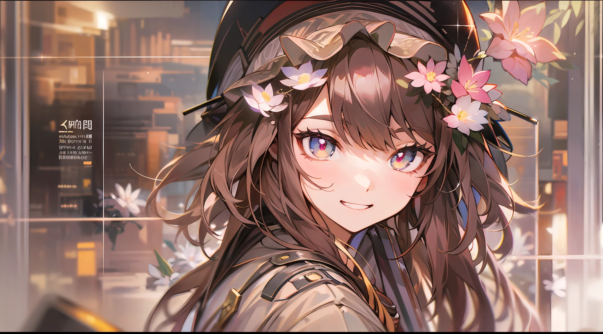 （（（tmasterpiece）））， 4K 分辨率， highly  detailed， （（（Very detailed eyes）））， detailedbackground， cinmatic lighting， crystal shining eyes， 1girll， high high quality， A high resolution， Hyper-detailing， 8K， best qualtiy， 1girll， 独奏， shadowing， The light from the back window is backlighted， light particules， Thick lashes， Wide sleeves，（tmasterpiece：1.3）， （best qualtiy：1.2）， （super fine illustrations：1.2）， （tmasterpiece）， high high quality， high detal， （独奏：1.4），（Circular image）），[（cyber punk perssonage：1）：5]， looki at viewer， {Hand hidden}， {{{Hands in pockets}}}， {{The hand is in the sleeve}}， full bodyesbian， hair adornments， from the above，bucket-hat， Flowers on hats，brown  hair， double tails， red eyes， flower shaped pupils， evil grin smile，little breast，